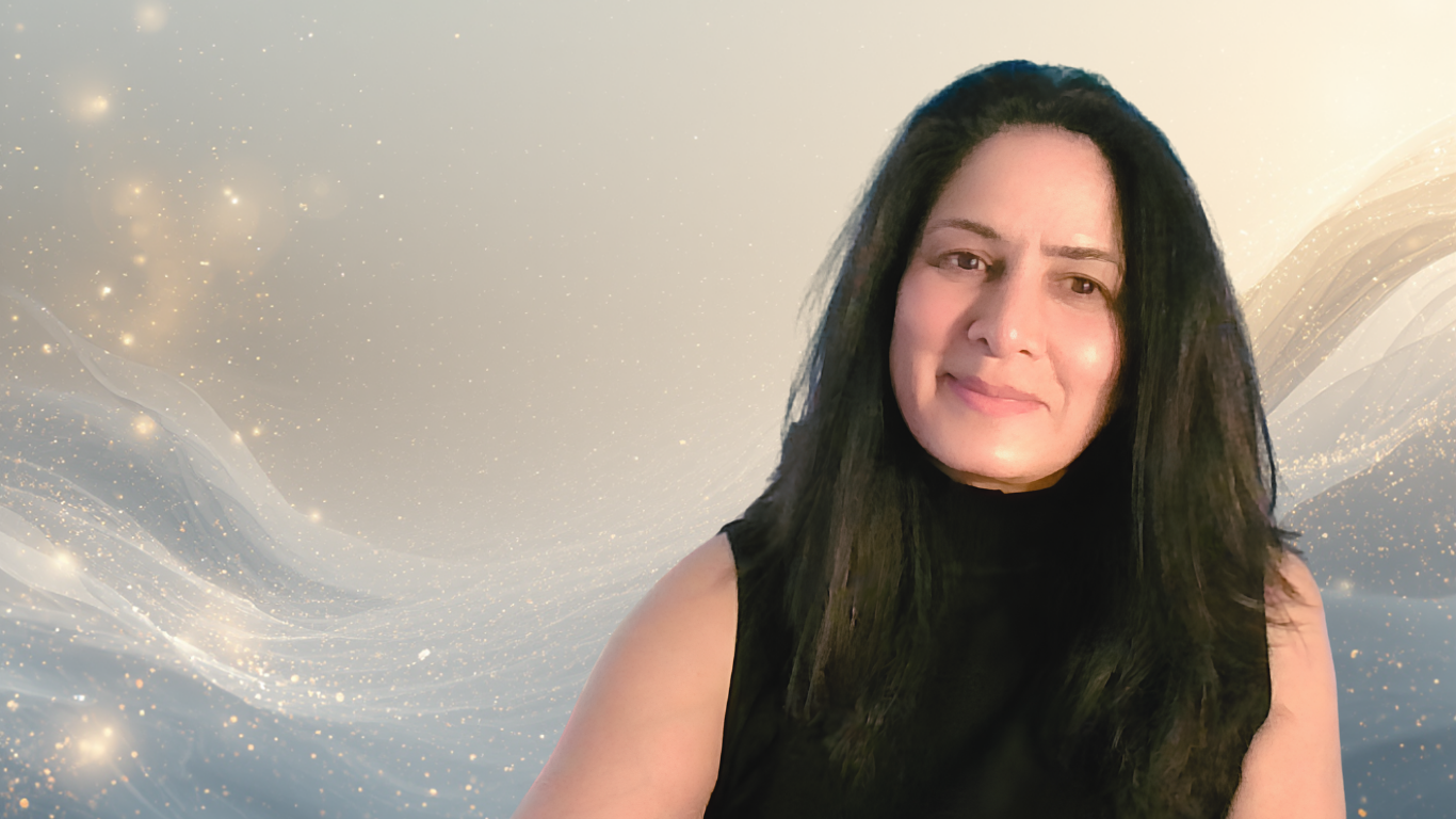 A woman with long dark hair wearing a sleeveless black top, smiling slightly, against a sparkling, starry background.