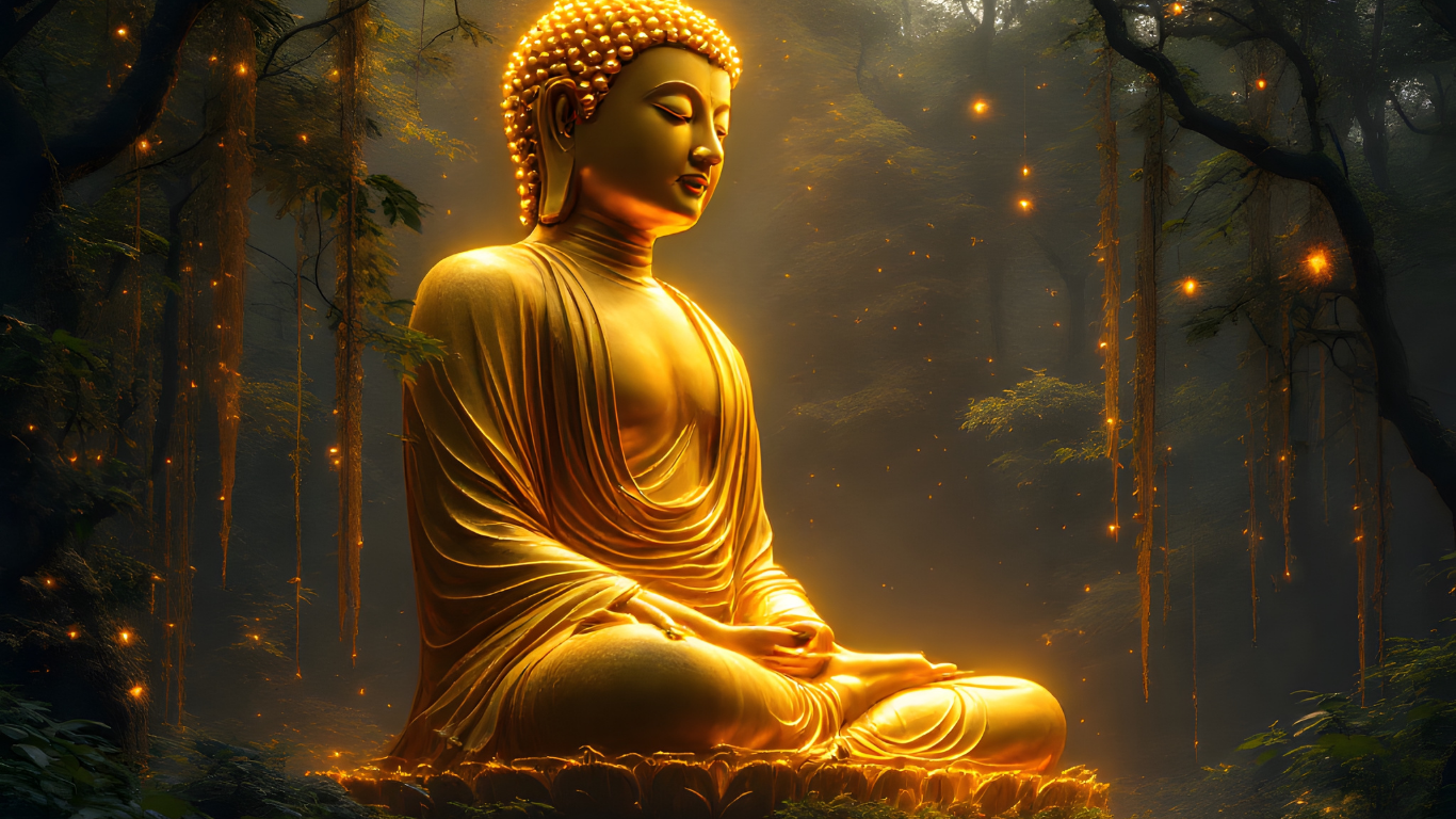 A large, glowing golden Buddha statue seated in a meditation pose in a mystical forest with hanging lights and fog.