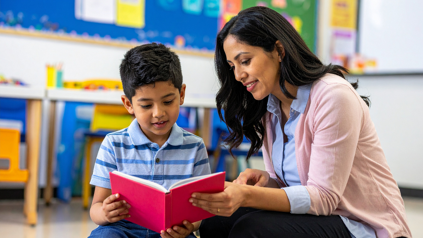 A teacher or caregiver with a young boy in a classroom, reading a pink book together, with classroom background.
