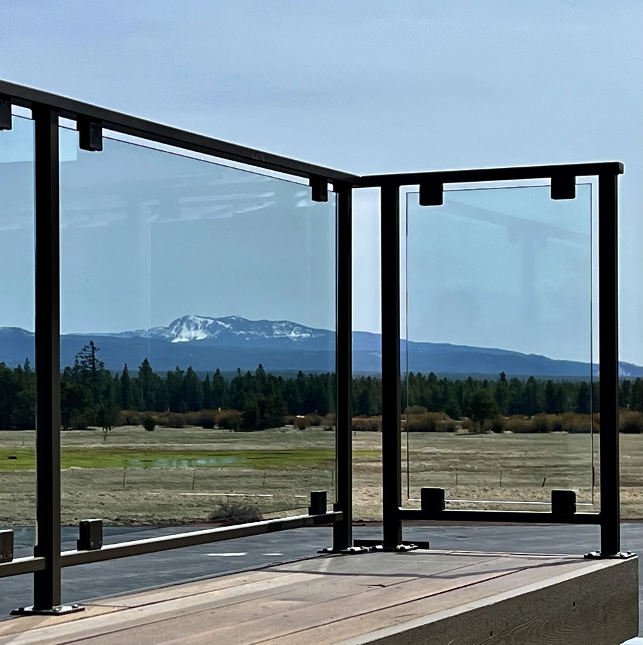 A glass balcony railing overlooking a landscape of trees and mountains with snow-capped peaks in the distance.