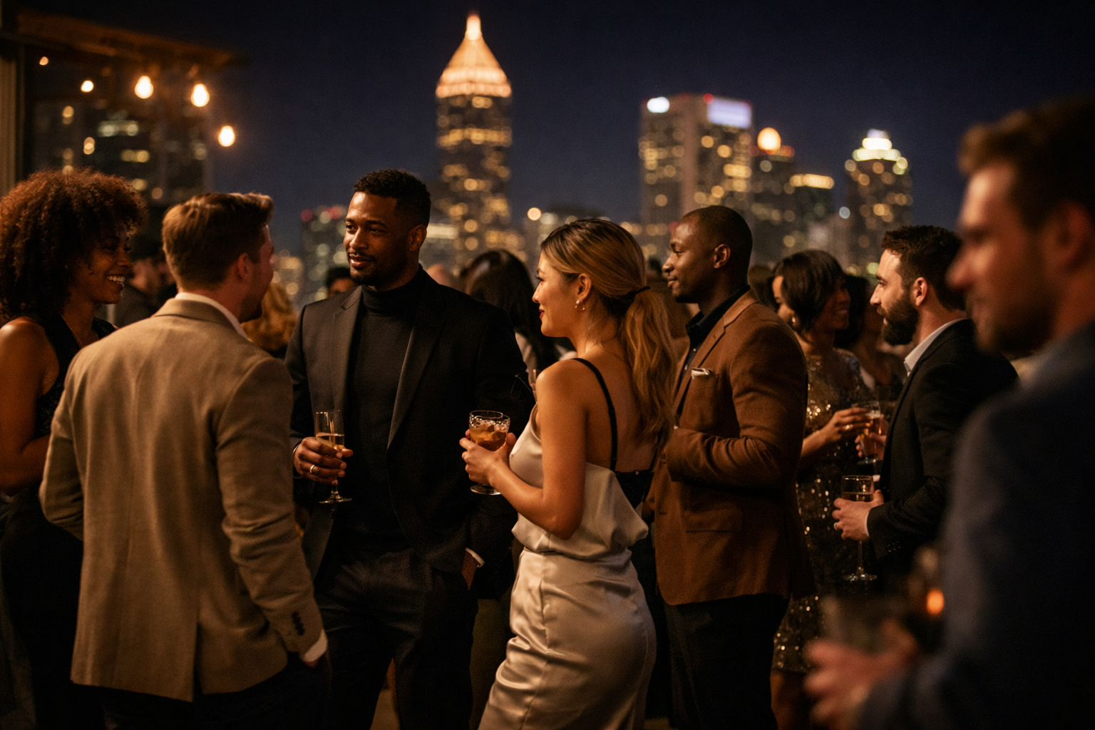 Editorial image of professionals networking in a global marketing environment. Professionals in conversation representing global marketing and talent partnerships. Professionals collaborating in a global marketing and talent firm setting.