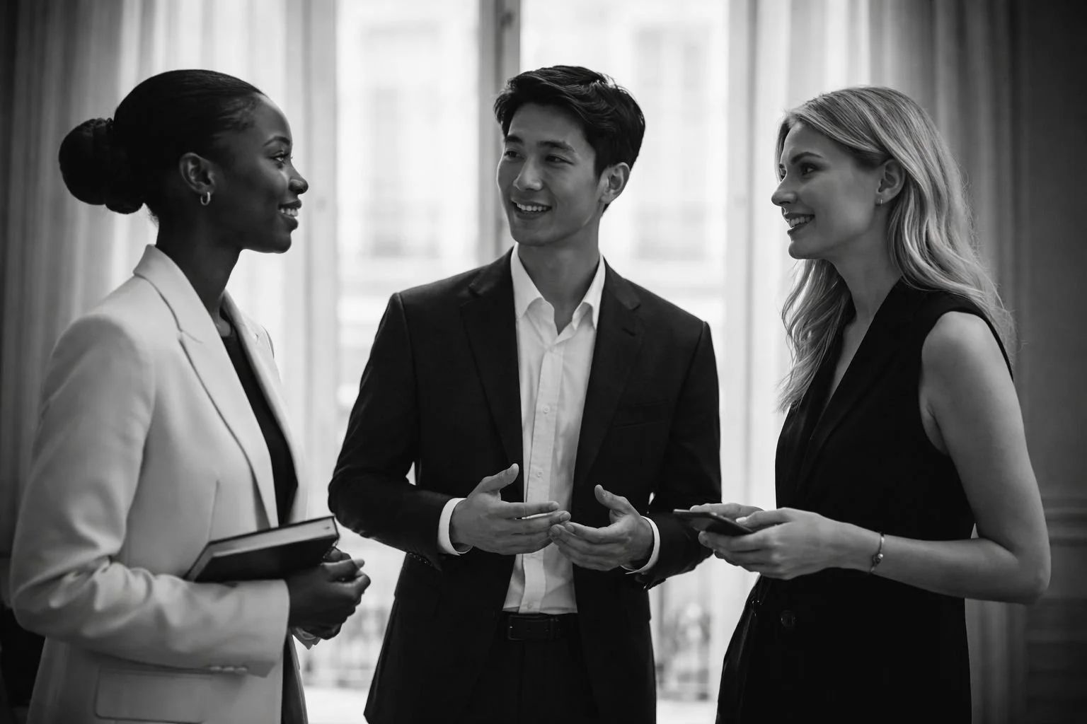 Diverse professionals in conversation at an editorial business meeting. Professionals from diverse backgrounds in a modern business setting
Global professionals connecting in a refined, collaborative environment. Culturally diverse profession.