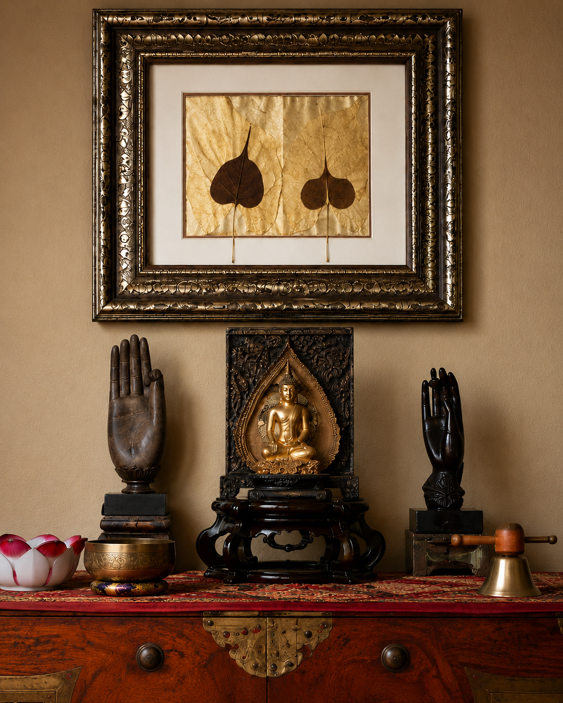 Decorative altar with a gold Buddha statue, two wooden hand sculptures, and various ornamental items on a red cloth, with a framed leaf artwork hanging above.