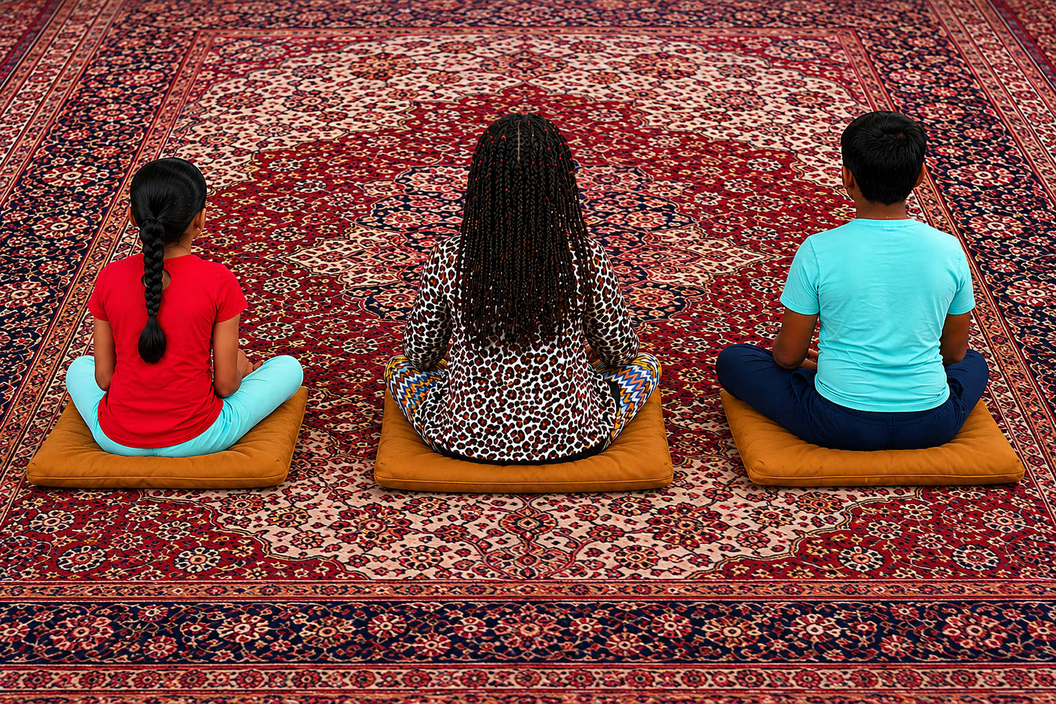 Three people sitting cross-legged on cushions on a red patterned rug, facing away.