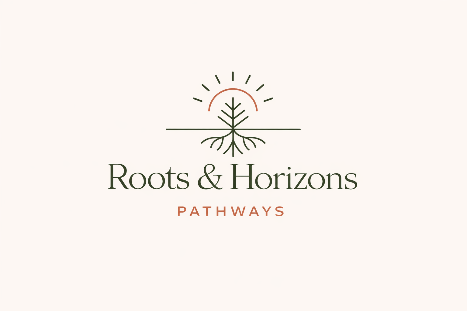 Minimalist logo for Roots & Horizons Pathways with a tree and sun motif, symbolizing rooted values, long-term vision, and intentional pathways.