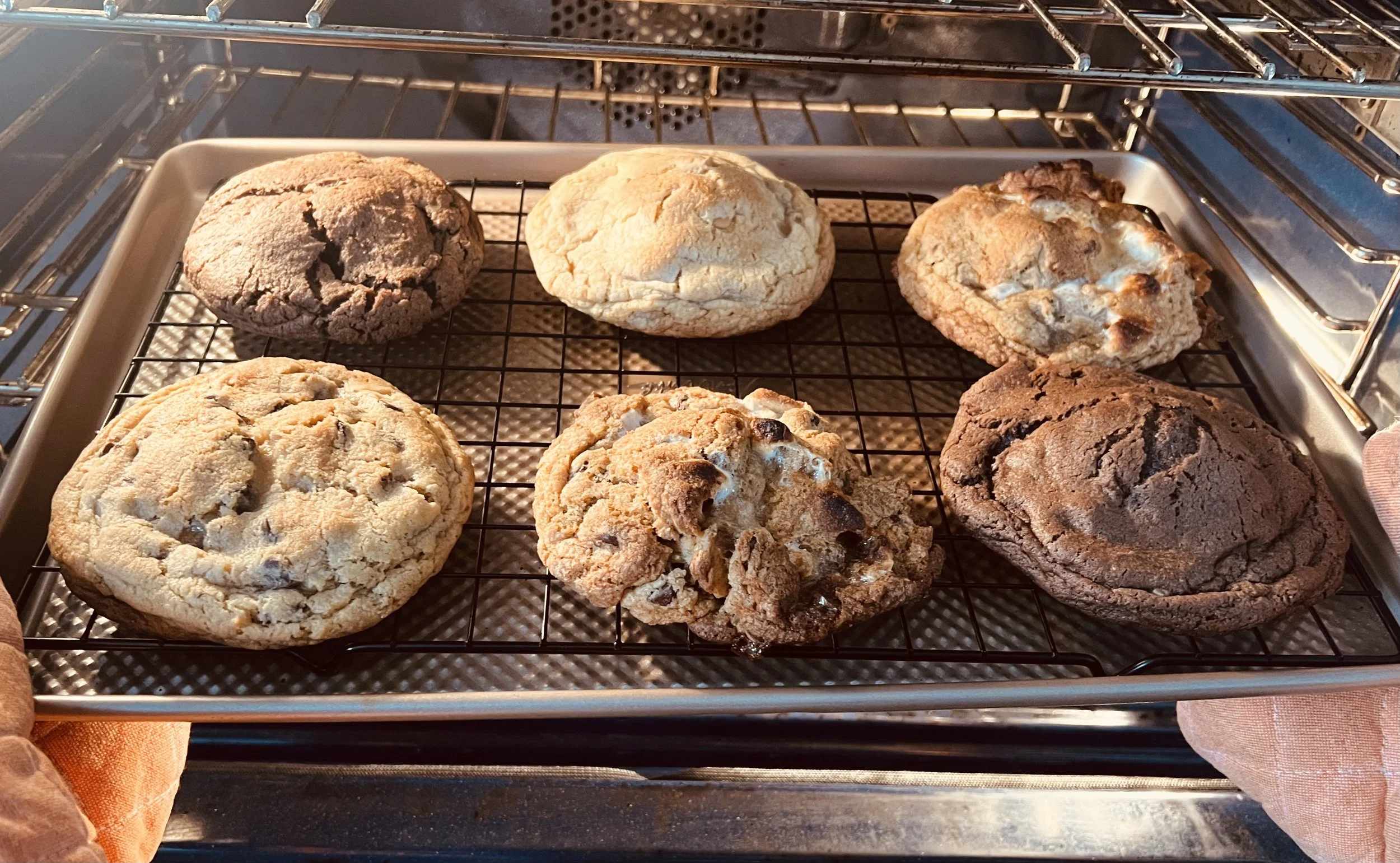 A metal baking tray with seven cookies cooling on a wire rack inside an oven. The cookies are chocolate chip, oatmeal, and double chocolate, with some appearing slightly burnt or cracked.