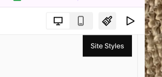 Screenshot of website editing options, including icons for desktop, tablet, mobile views, and a code icon, with a black 'Site Styles' menu label.