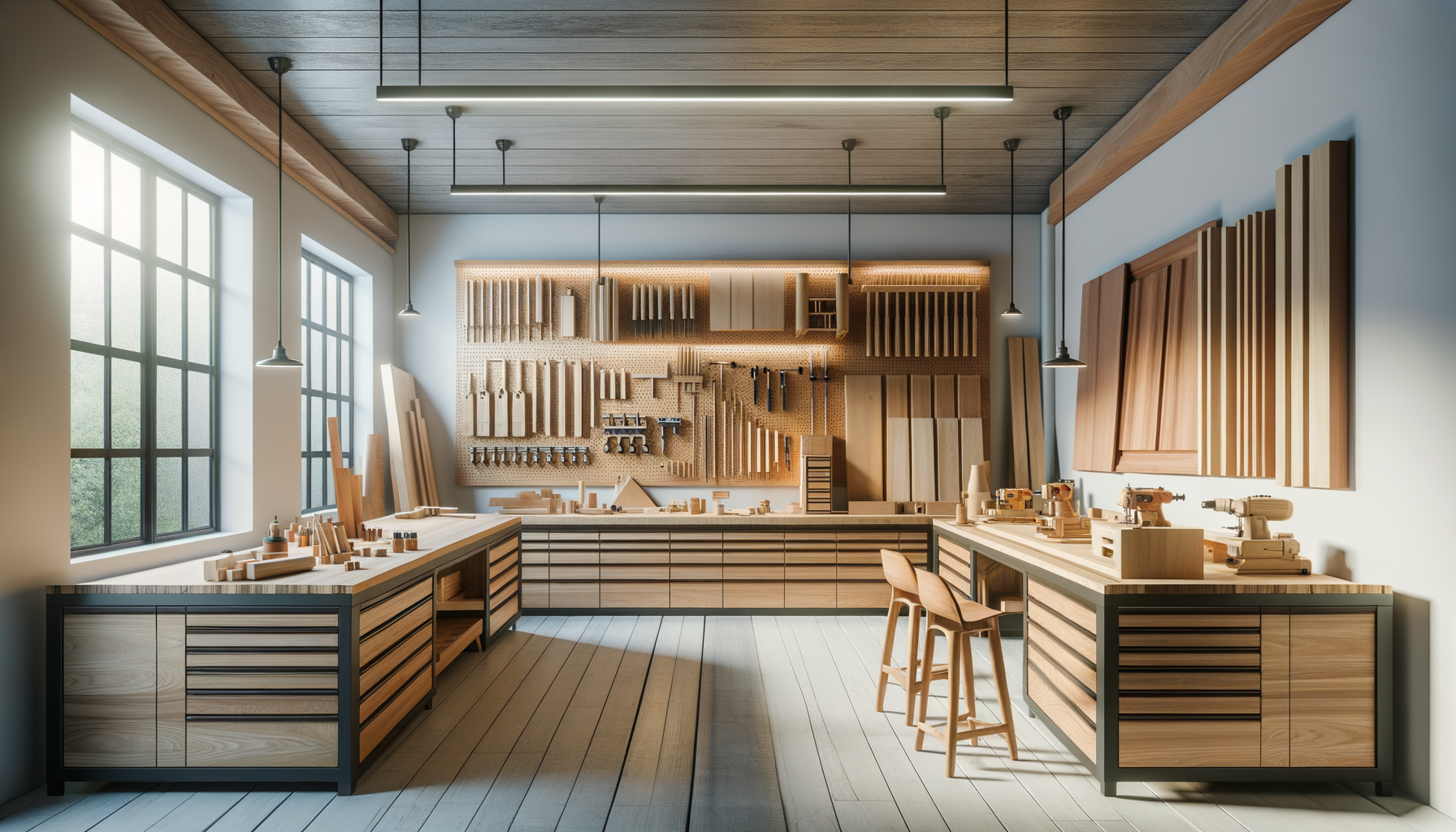 A well-lit woodworking workshop with large windows, wooden cabinets, and tools hanging on a pegboard wall.