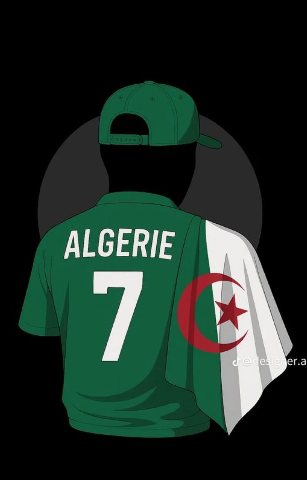 Dessin d'une personne vue de dos portant un maillot vert avec l'inscription « ALGERIE » et le numéro 7, ainsi qu'une casquette verte. La personne tient un drapeau algérien blanc, vert et rouge avec un croissant et une étoile. Le fond est noir.
