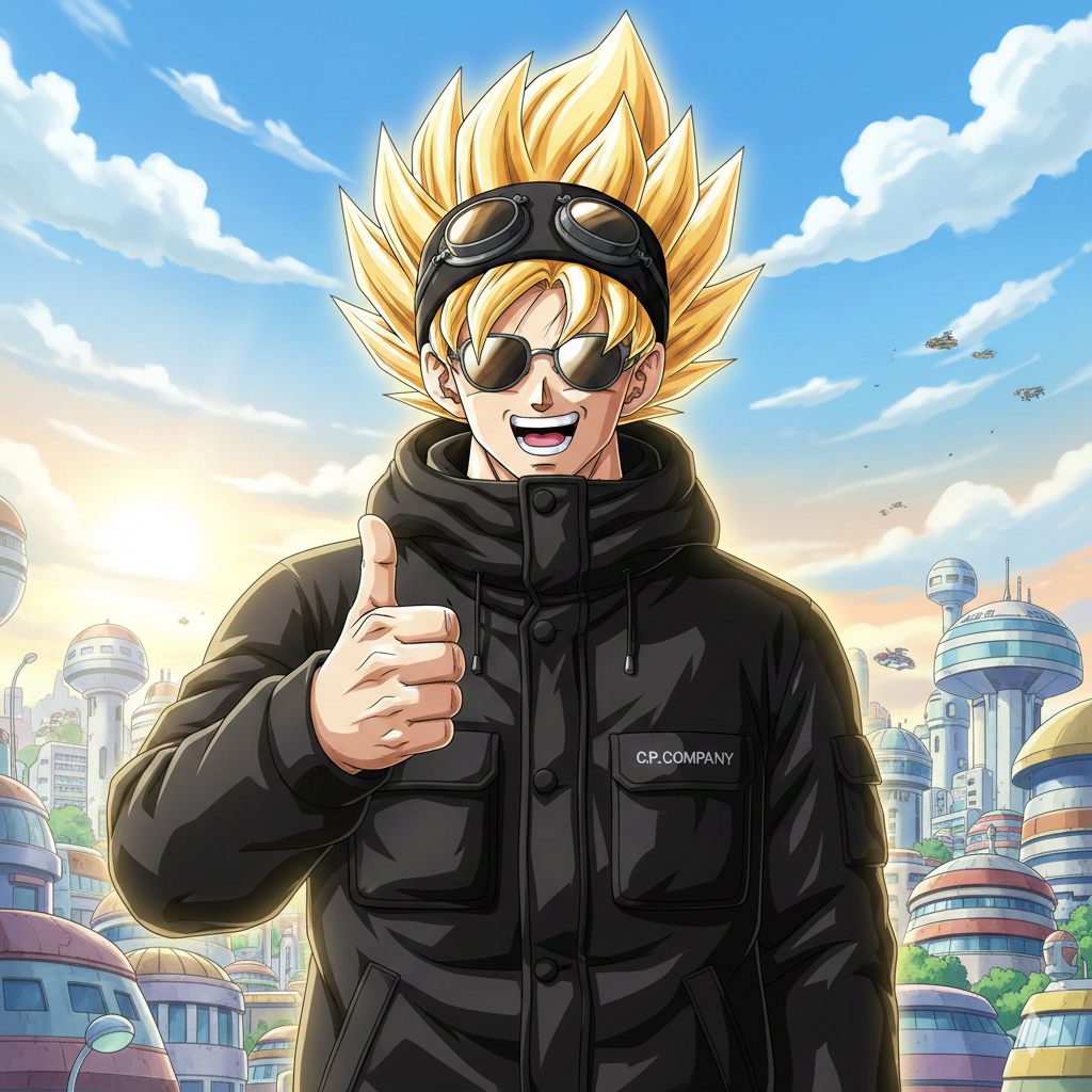 Personnage de dessin animé avec cheveux blonds en mode Super Saiyan, portant des lunettes de soleil, un casque et un vêtement noir avec une étiquette 'C.P. COMPANY', faisant un signe de pouce en l'air, dans un décor futuriste avec des bâtiments arrondis et des vaisseaux volants au ciel.