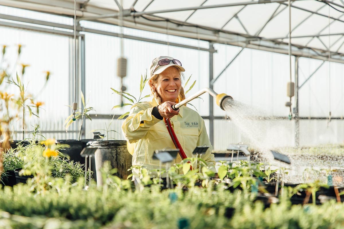 A woman watering plants inside a greenhouse with a watering hose, wearing a yellow shirt, sunglasses, and a cap.