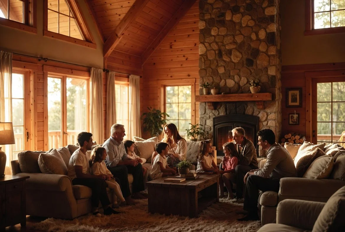 Family gathering in a cozy living room with wooden walls, large windows, and a stone fireplace, enjoying a conversation.