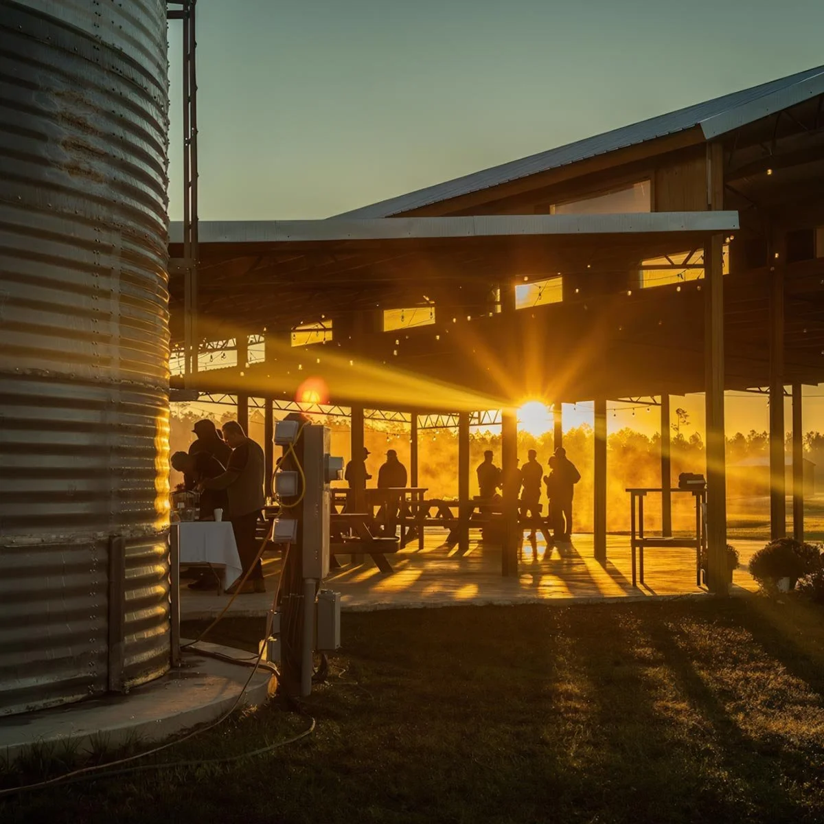 People gathering on an outdoor patio or pavilion at sunset, with sunlight shining through, near a large metal grain silo.
