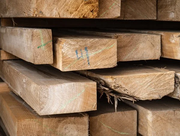 Stacked rough-cut lumber with markings, showing various sizes and textures of wood planks.