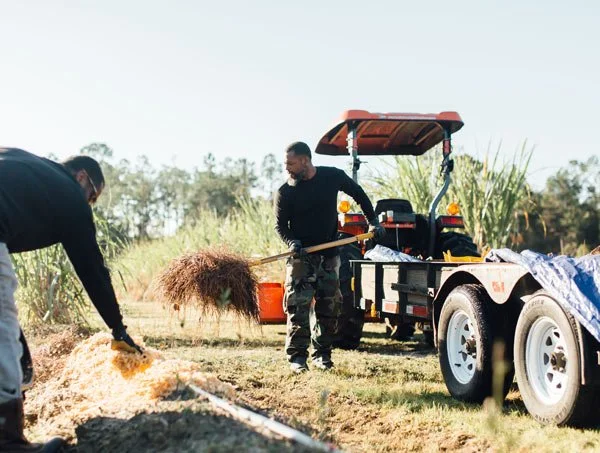 Two men working on a farm, one shoveling dirt and the other using a rake, with a tractor and open field in the background.