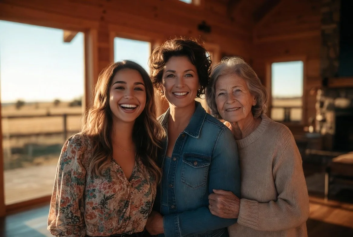 Three women, a young woman, middle-aged woman, and elderly woman, standing close together inside a wooden house with large windows and a scenic outdoor view.