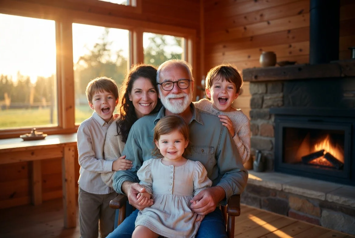 A smiling older man with glasses and white hair, sitting in a wooden chair, surrounded by four happy children inside a cozy cabin with a stone fireplace and large windows showing a sunset outside.