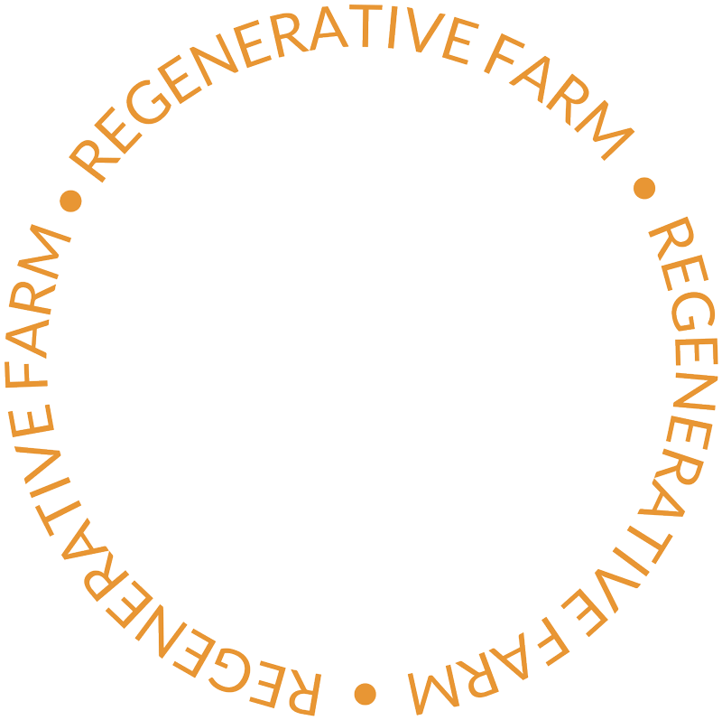 Black circular logo with orange text reading "Regenerative Farm."