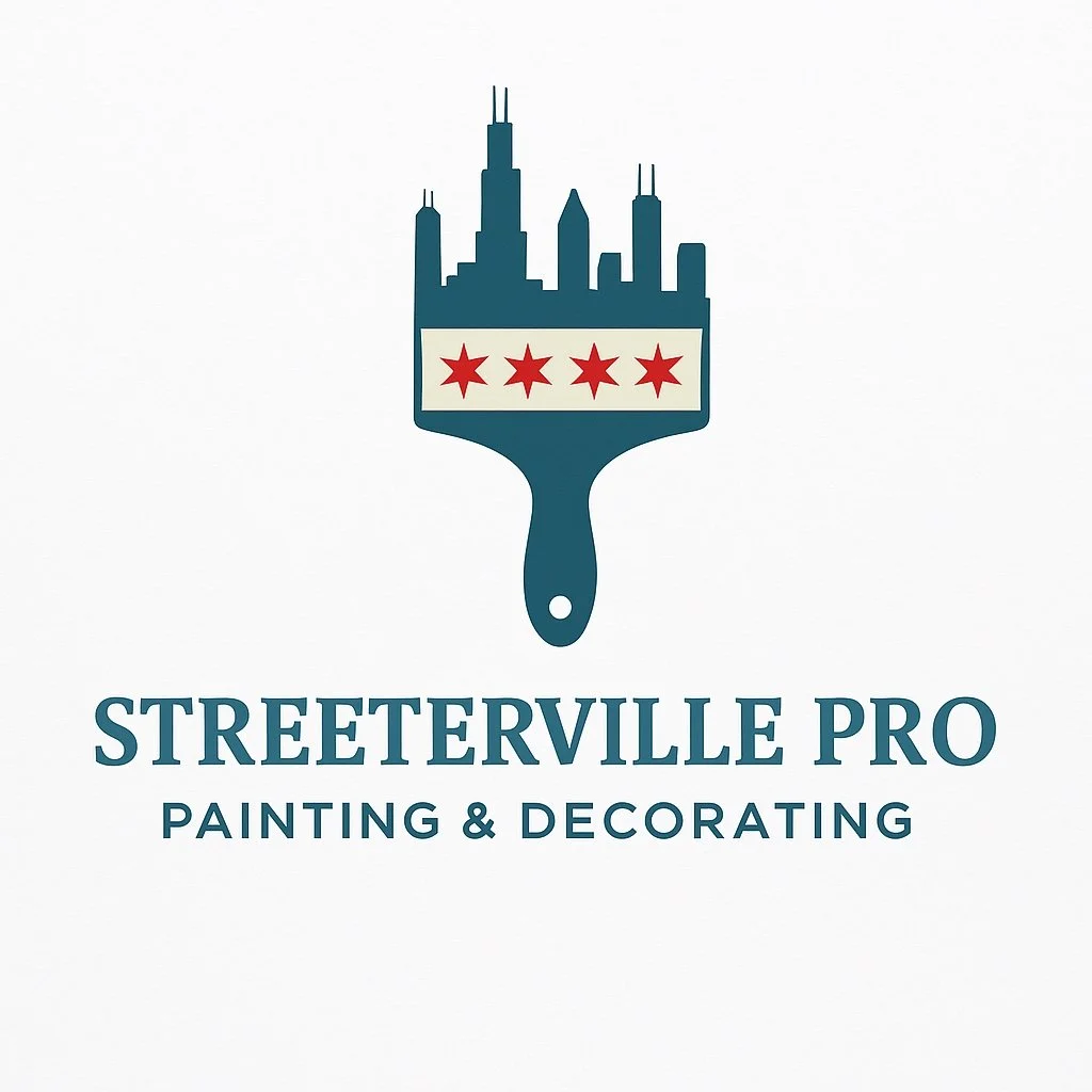 Logo for Streeterville Pro Painting & Decorating featuring a paintbrush with a cityscape of Chicago skyline on top and the Chicago flag stripe with four red stars.