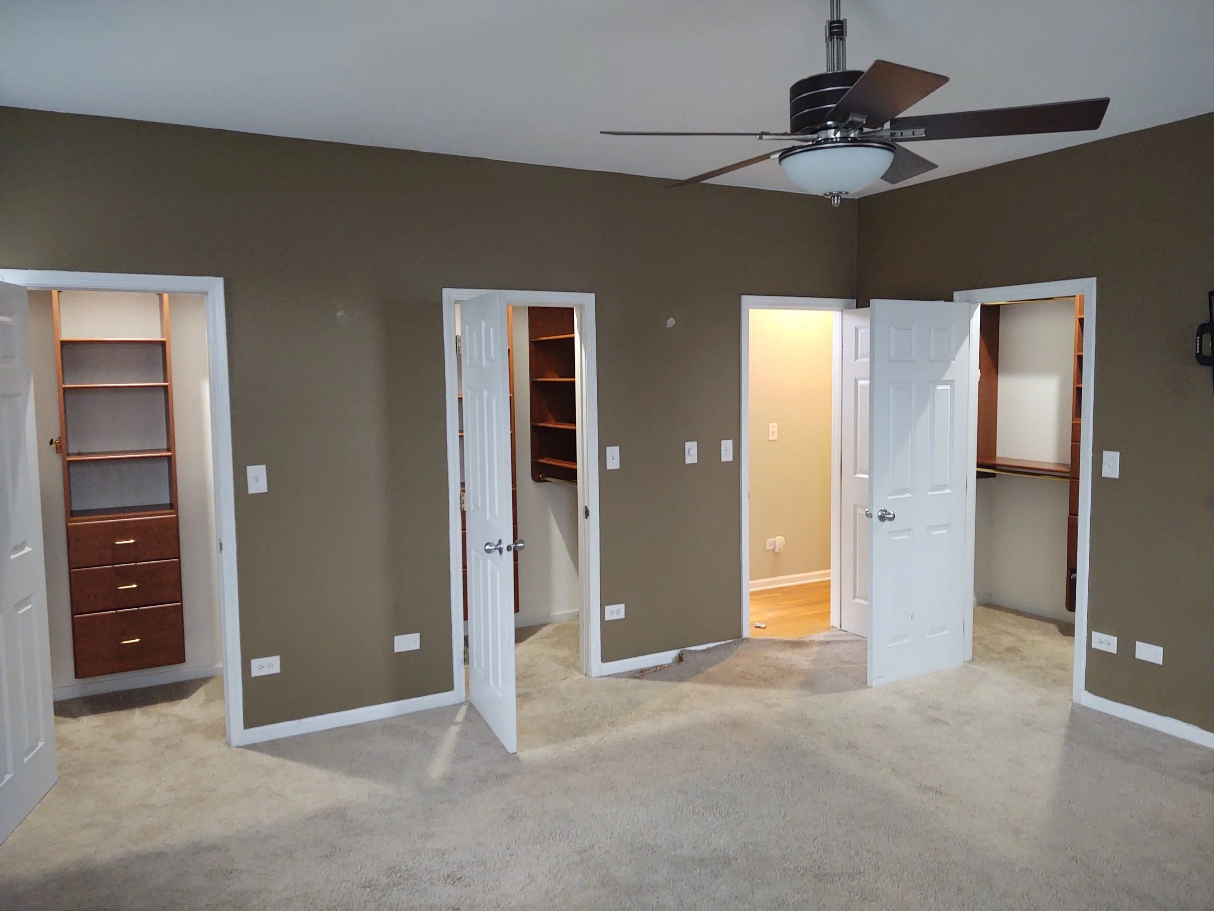 Empty living room with beige carpet, brown walls, white door frames, and open closet doors with wooden shelves. Ceiling fan with lights installed.