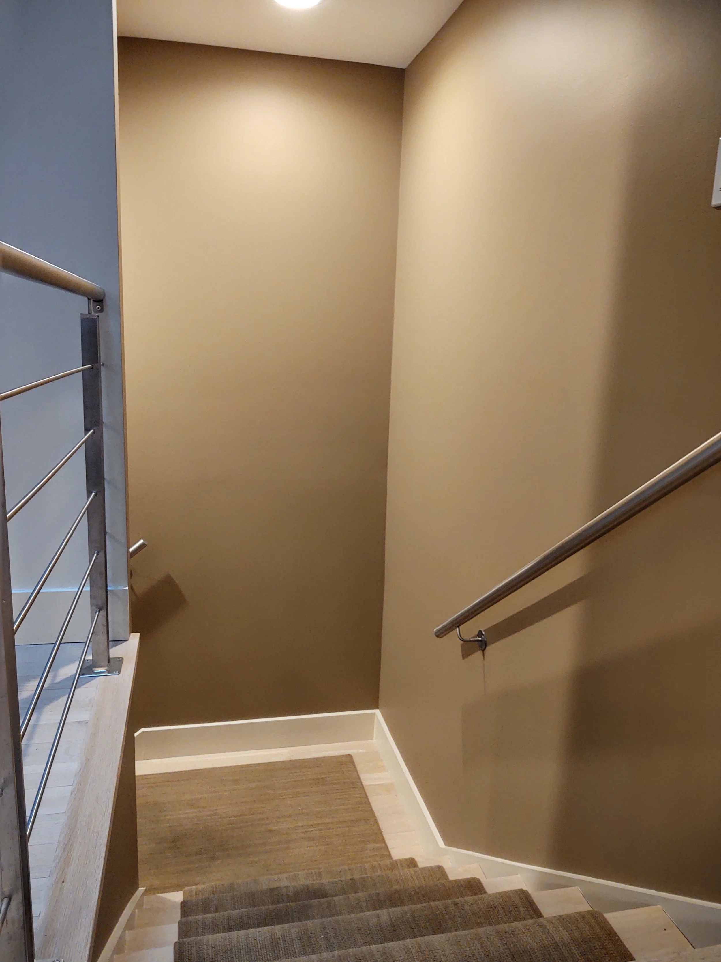A staircase with a brown carpet runner, beige walls, and a metal handrail on the right side, descending to a small landing area.