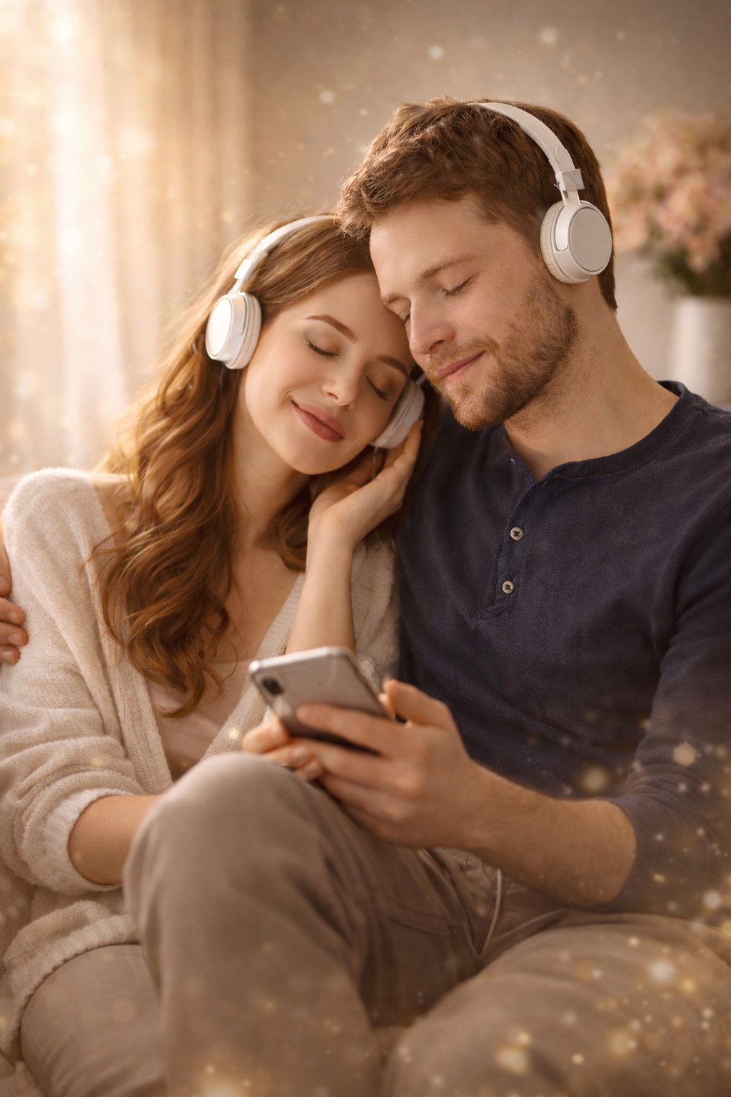 A couple wearing wireless headphones, sitting close together, enjoying music and a movie on a smartphone, with warm lighting and a cozy atmosphere.