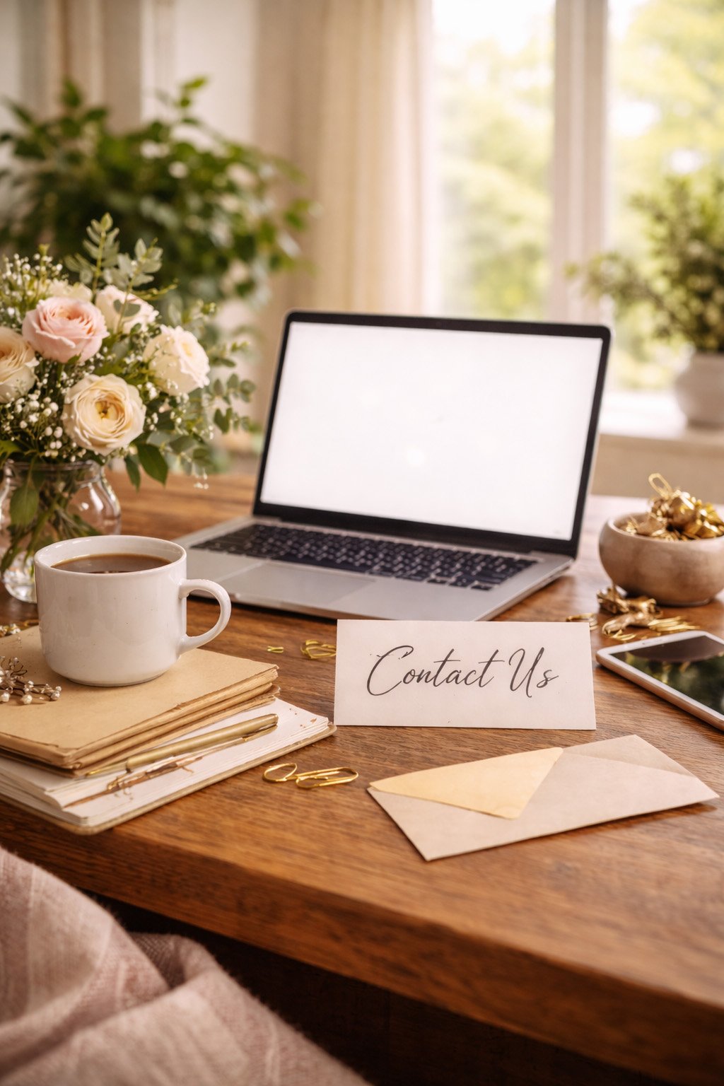A cozy workspace with a laptop, a cup of coffee, flowers, a 'Contact Us' sign, envelopes, and a smartphone on a wooden table near a window with greenery outside.