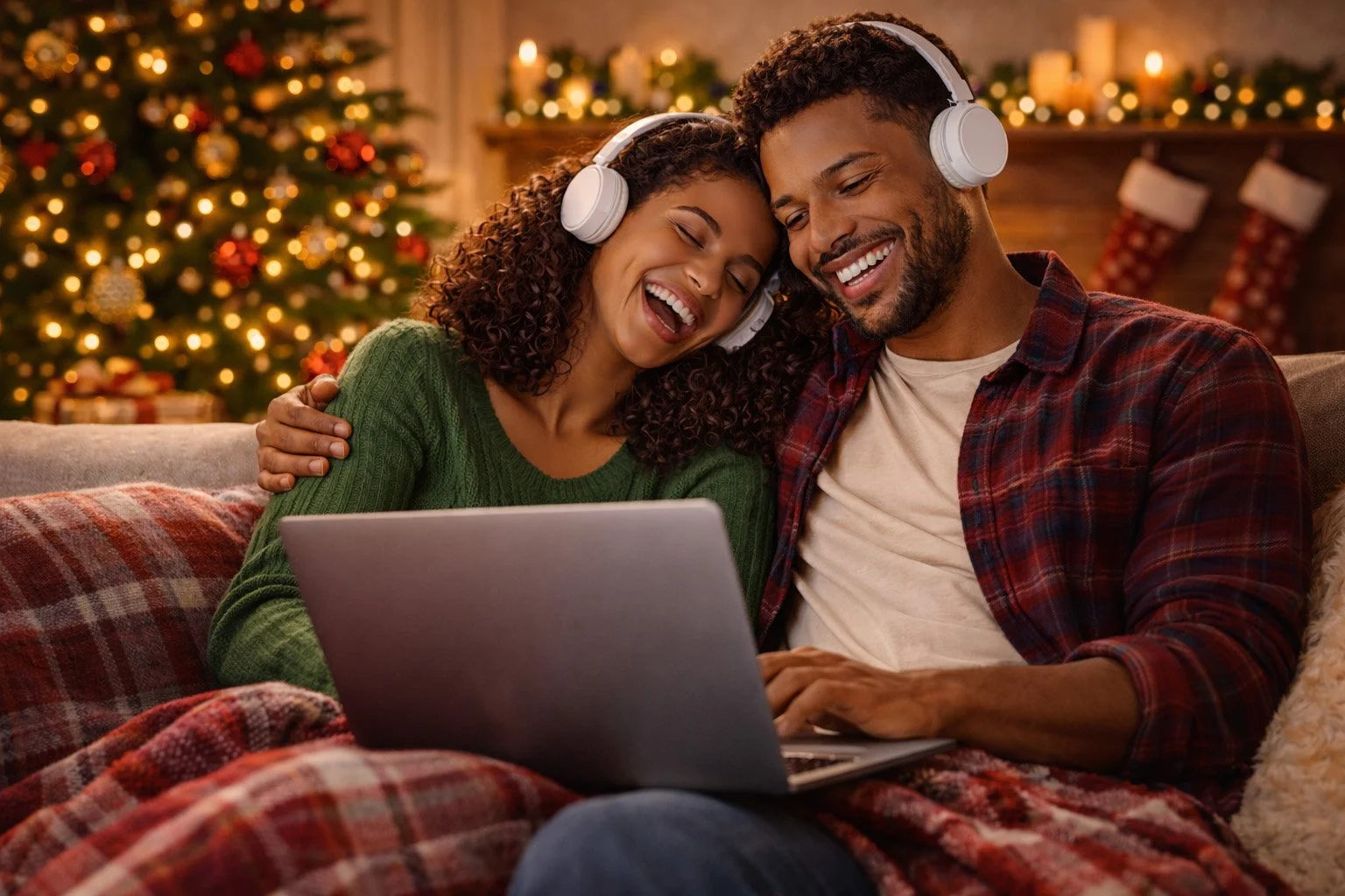 A smiling couple wearing headphones watching content on a laptop in a cozy living room decorated for Christmas.