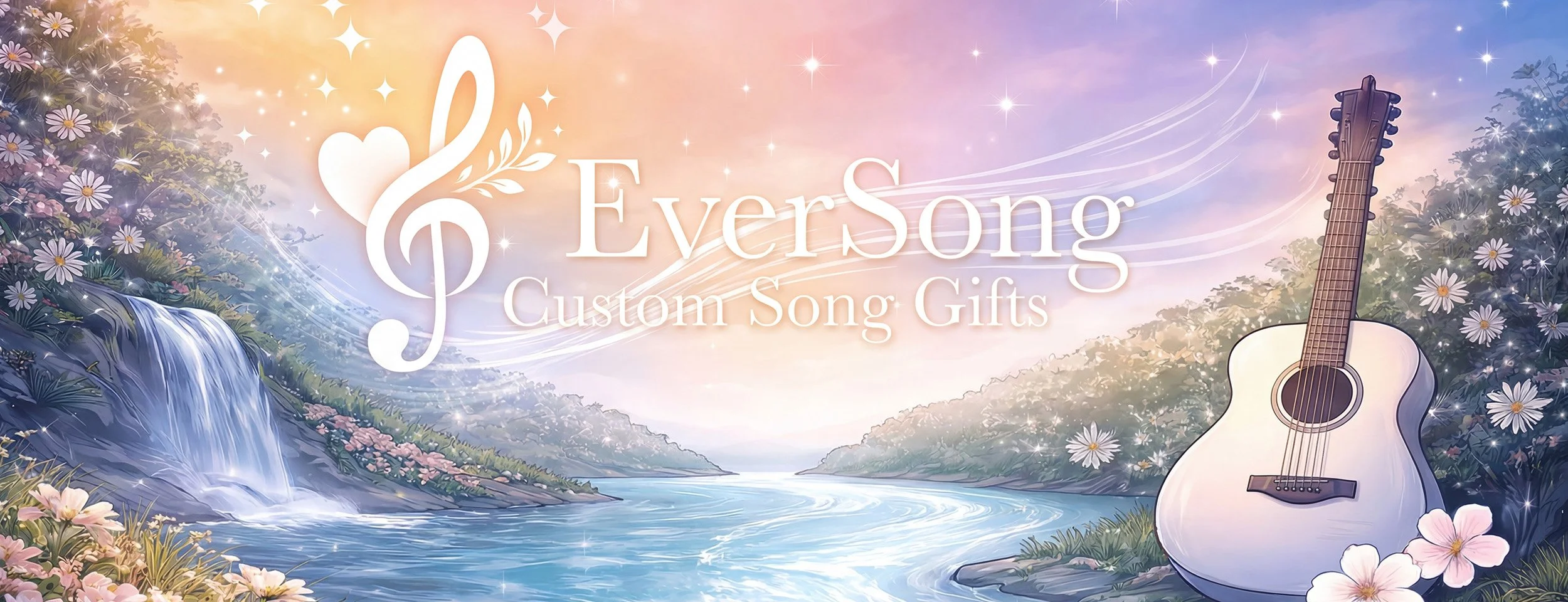 An artistic, pastel-colored illustrated landscape with a river, trees, flowers, waterfalls on the left, and a guitar on the right. Text overlay reads "EverSong Custom Song Gifts."
