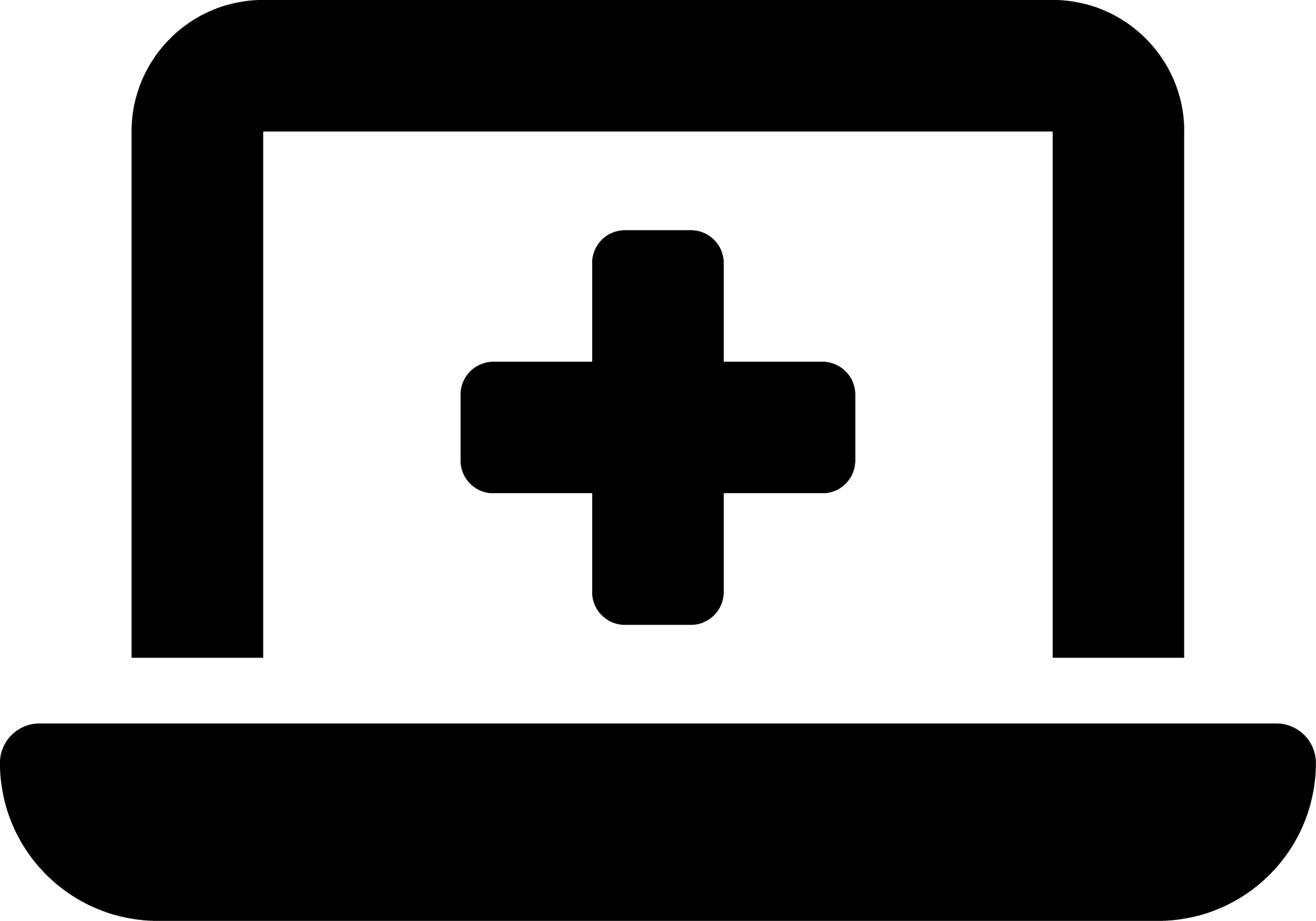 Black computer screen with medical plus sign.