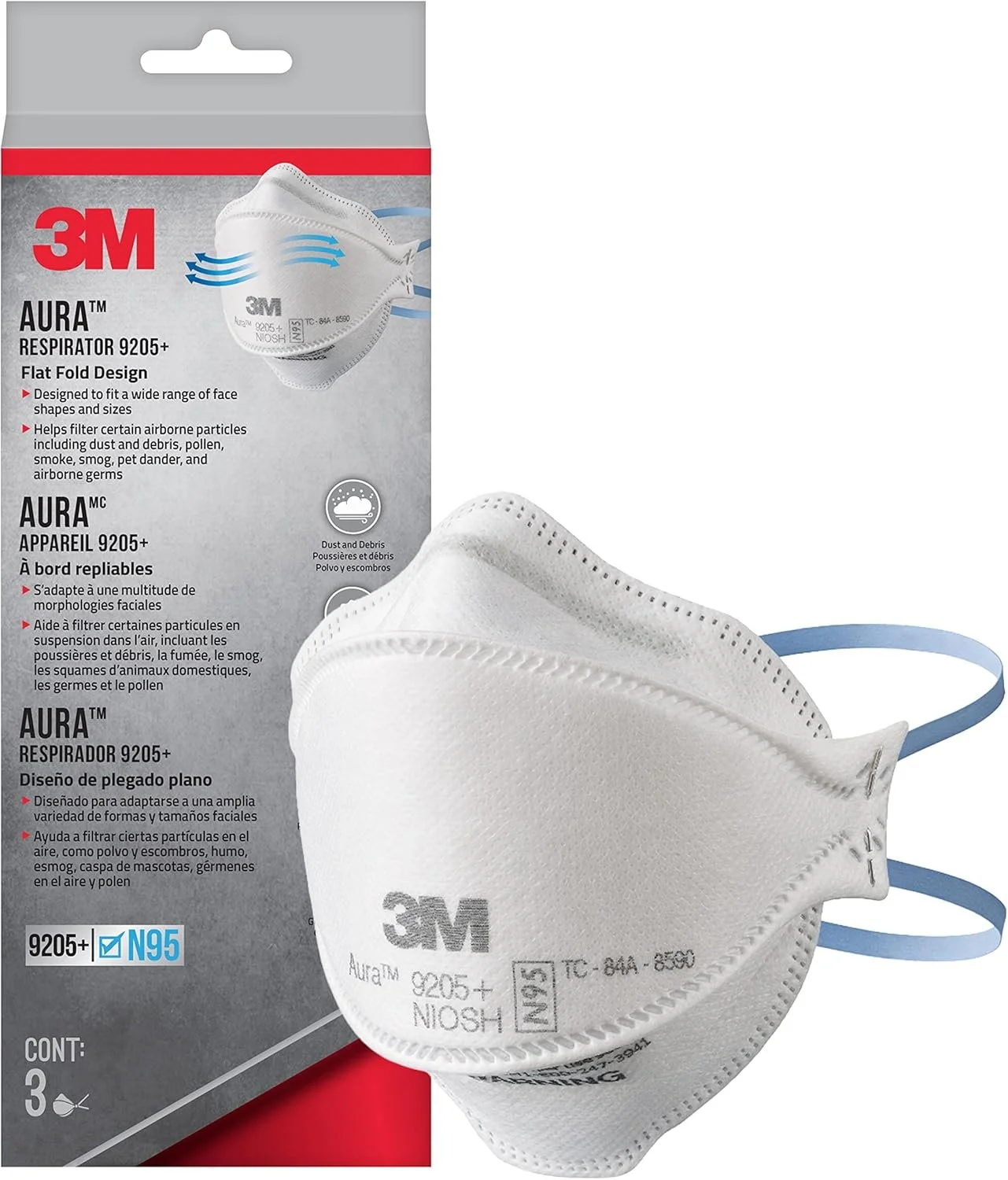 Photo of 3M Aura respirator and box.