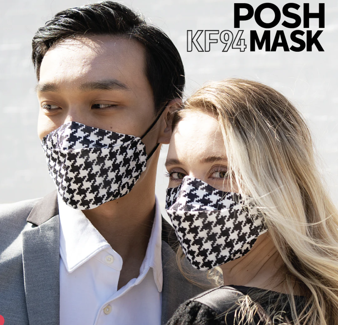 Brunette, olive-skinned man and blond white woman wearing POSH KF94 respirators in the Brooklyn pattern.