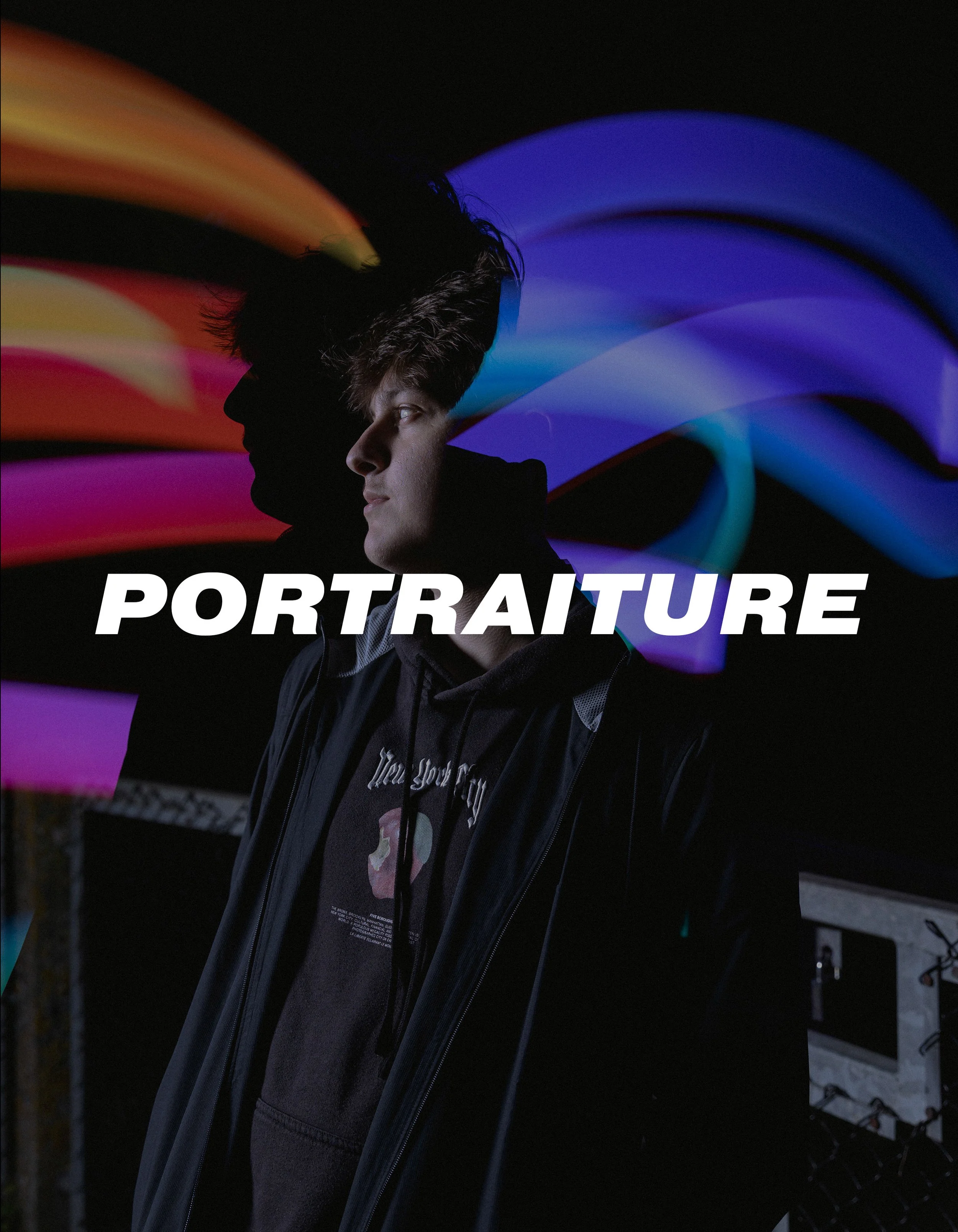 A young man with dark hair standing in front of a black background with colorful light trails. The word 'PORTRAITURE' is overlaid in bold white text.