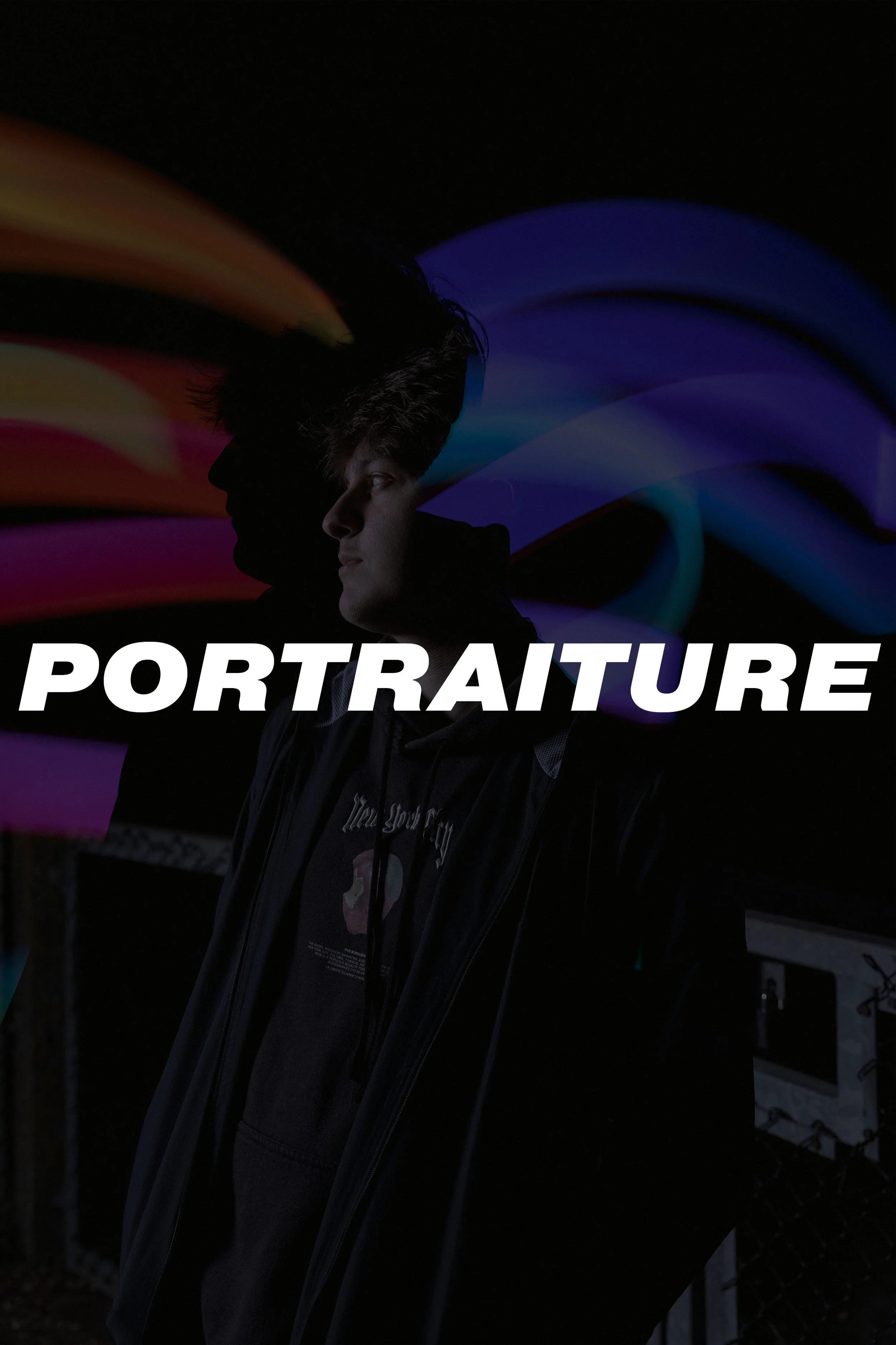 Silhouette of a person with colored light streaks in the background and the word 'PORTRAITURE' written across the middle.