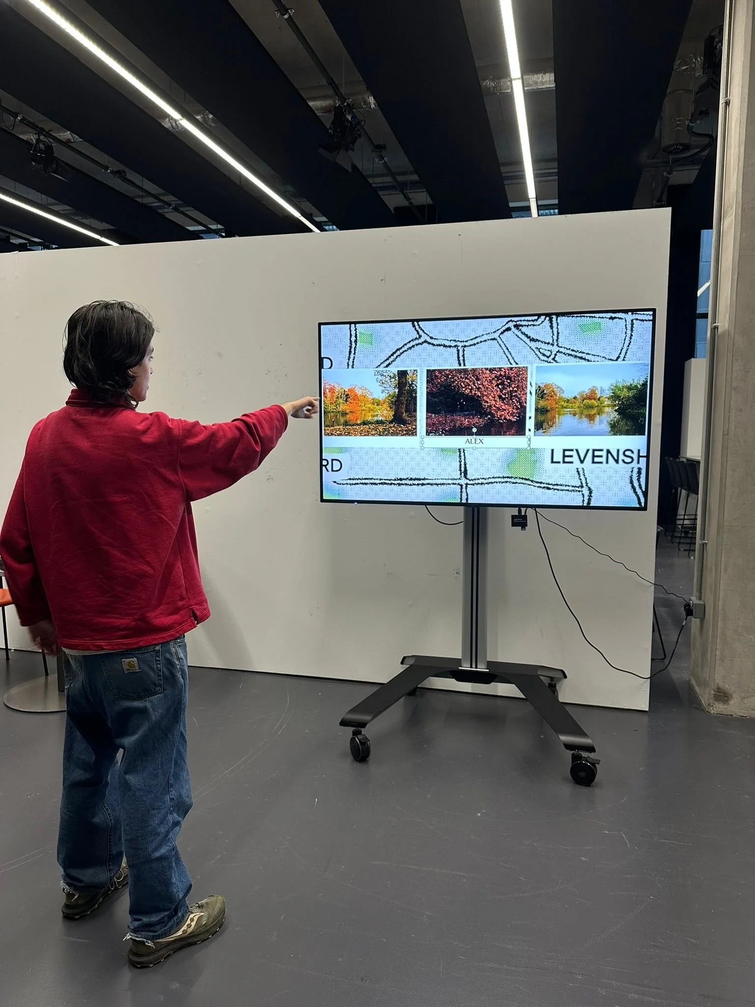 Person pointing at a screen displaying images of trees and water, with words "LEVENSH" and part of a word "RD" visible, in an indoor setting with artificial lighting.