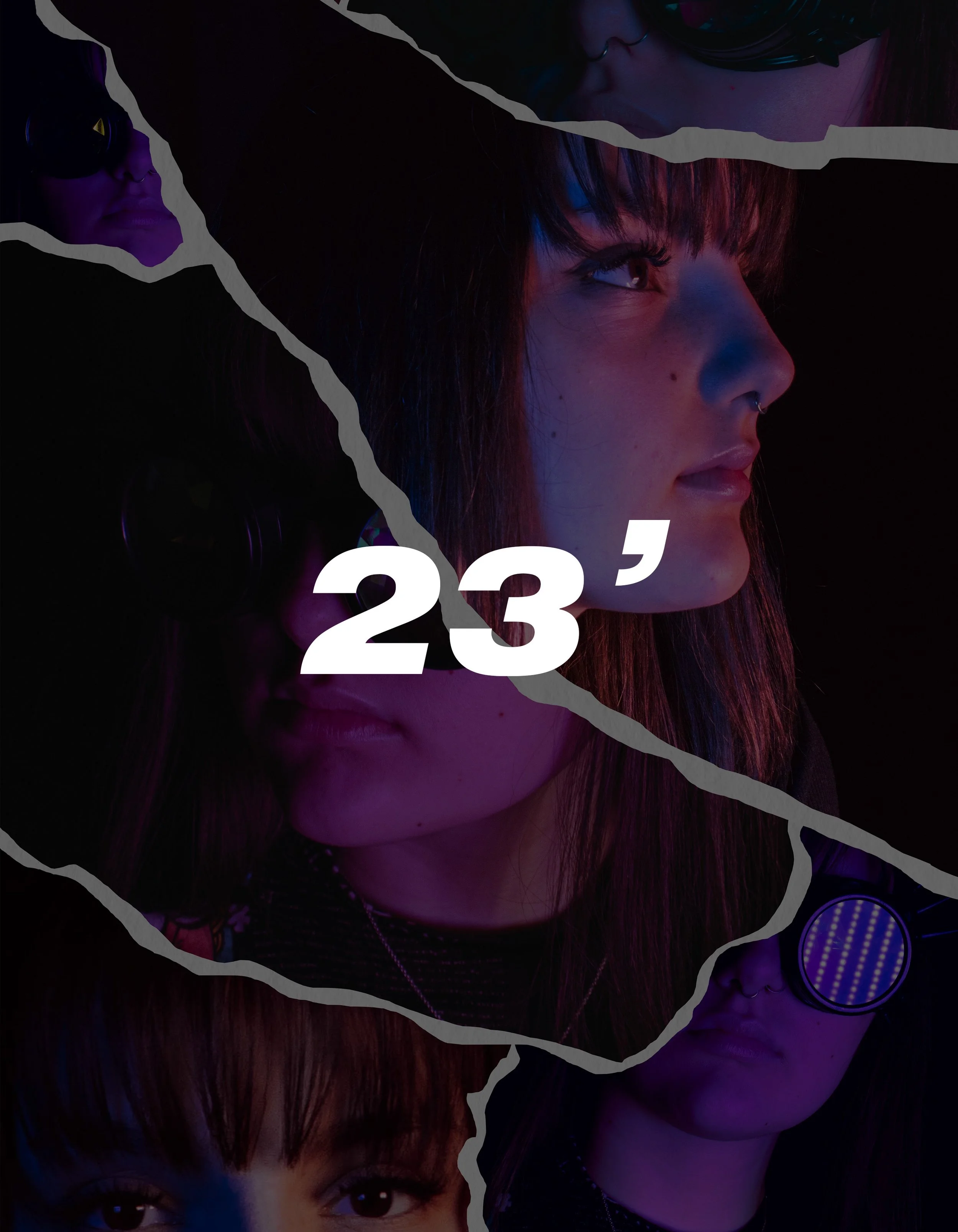Collage of portraits of young women with different hairstyles and accessories, overlaid with torn paper effects and the number 23 in the center.