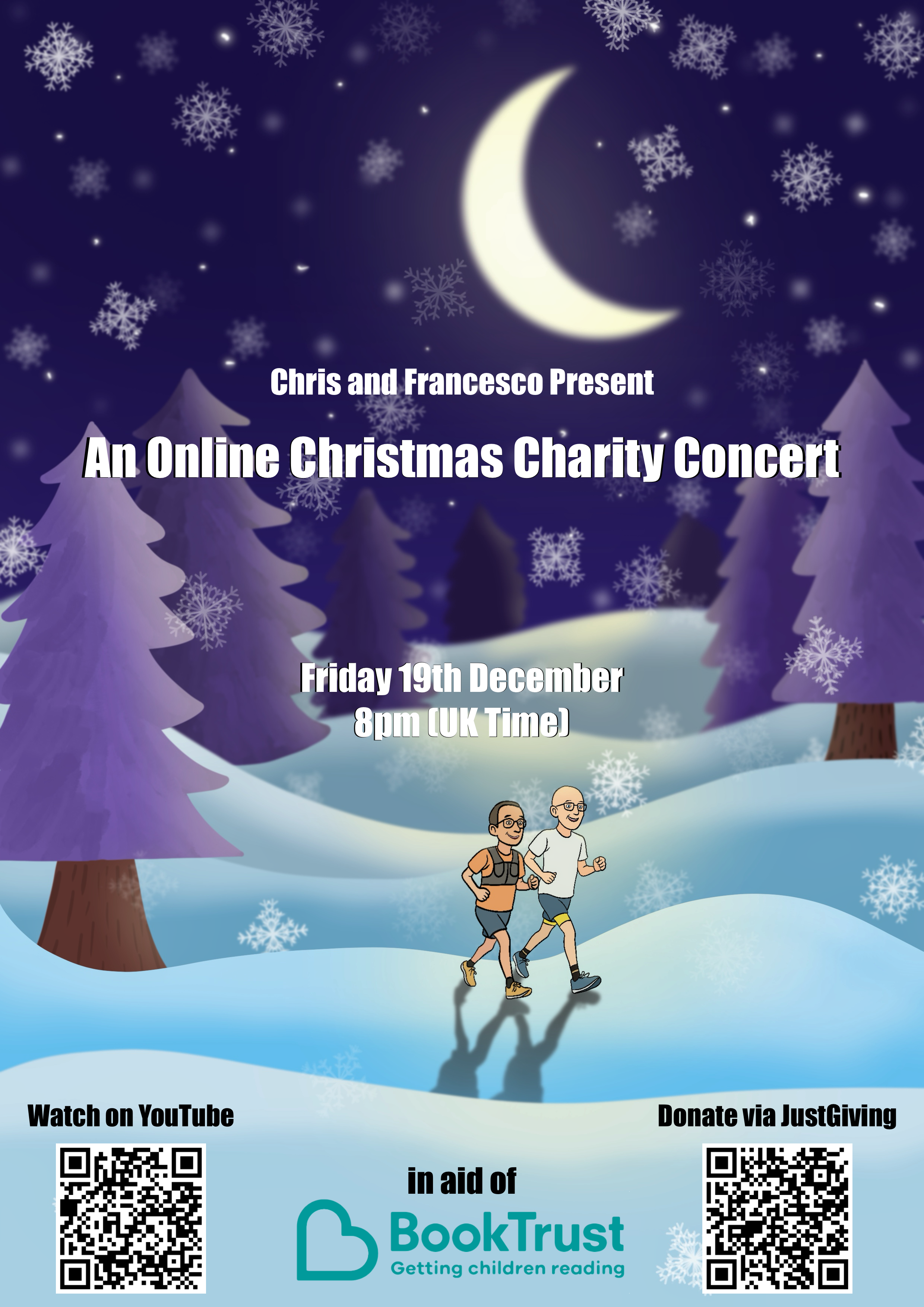A digital winter scene with purple pine trees, snowflakes, a crescent moon, and two people jogging in the snow with text advertising an online Christmas charity concert on December 19th at 8 pm UK time, in aid of BookTrust, with QR codes for YouTube and donation links.