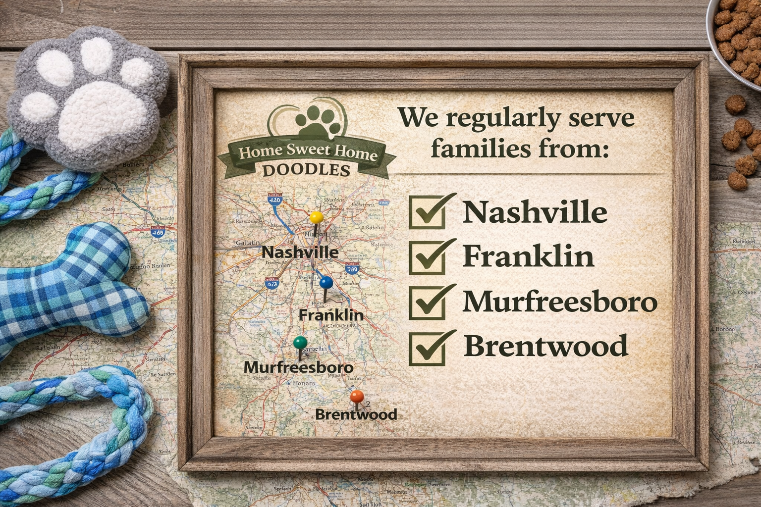 A framed map of Nashville, Tennessee, showing service locations of Home Sweet Home Doodles, with checkmarks next to Nashville, Franklin, Murfreesboro, and Brentwood. Surrounding items include a paw-shaped toy, a plush bone, and scattered dog treats.