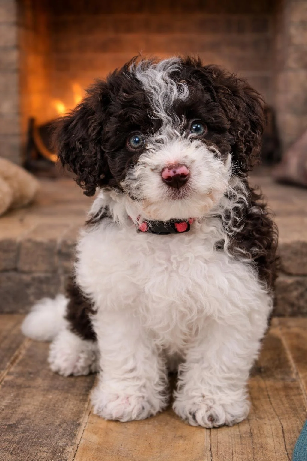 Chocolate and white Mini Aussiedoodle puppy available at Home Sweet Home Doodles