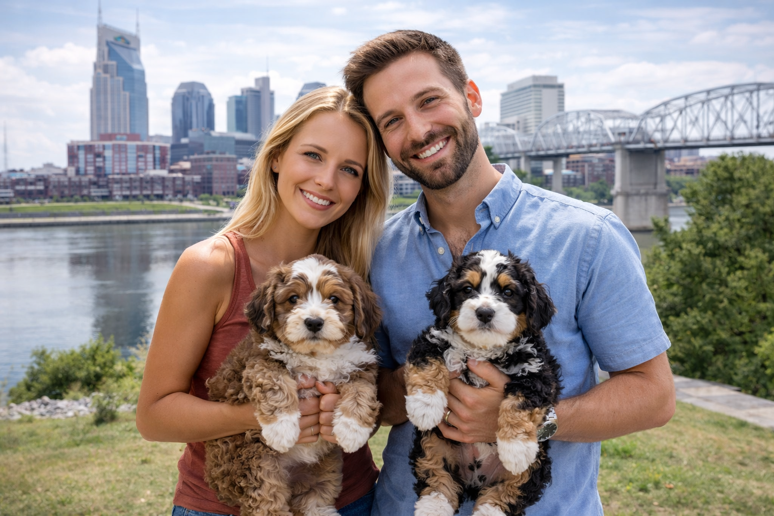 Mini Bernedoodle puppies for sale near Nashville Tennessee with happy family and skyline view