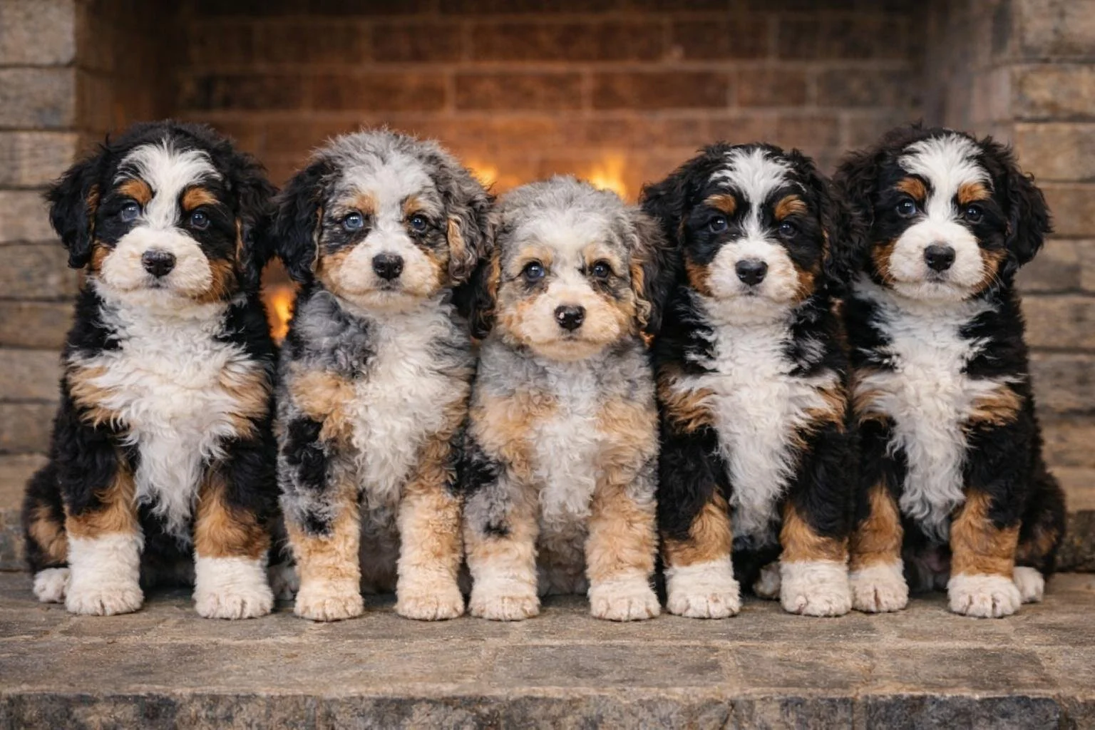Five adorable puppies with black, white, gray, and tan fur sitting on a stone surface in front of a brick wall with a warm light in the background.