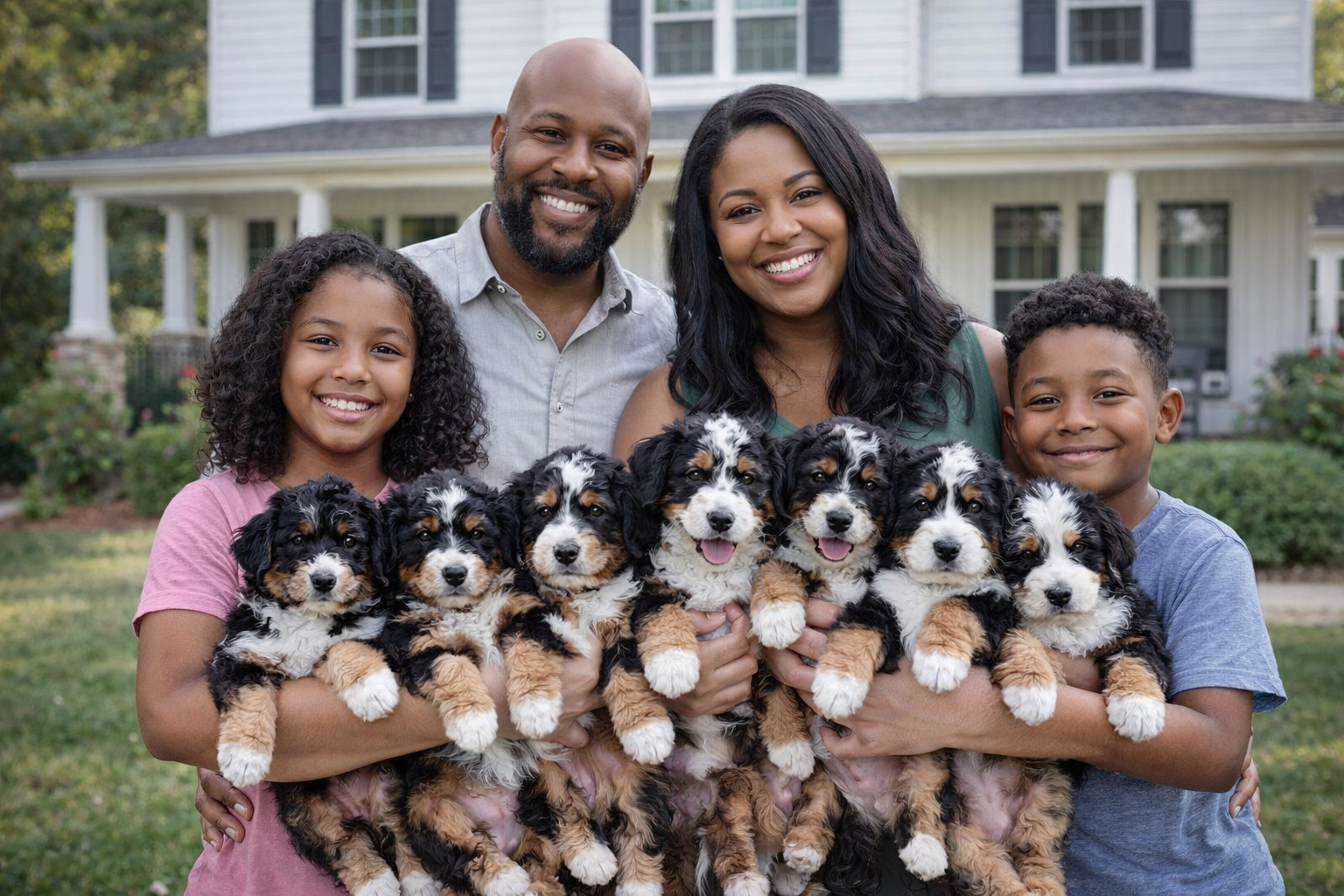 A family of four smiling and holding seven adorable Bernese Mountain Dog puppies in front of their house.