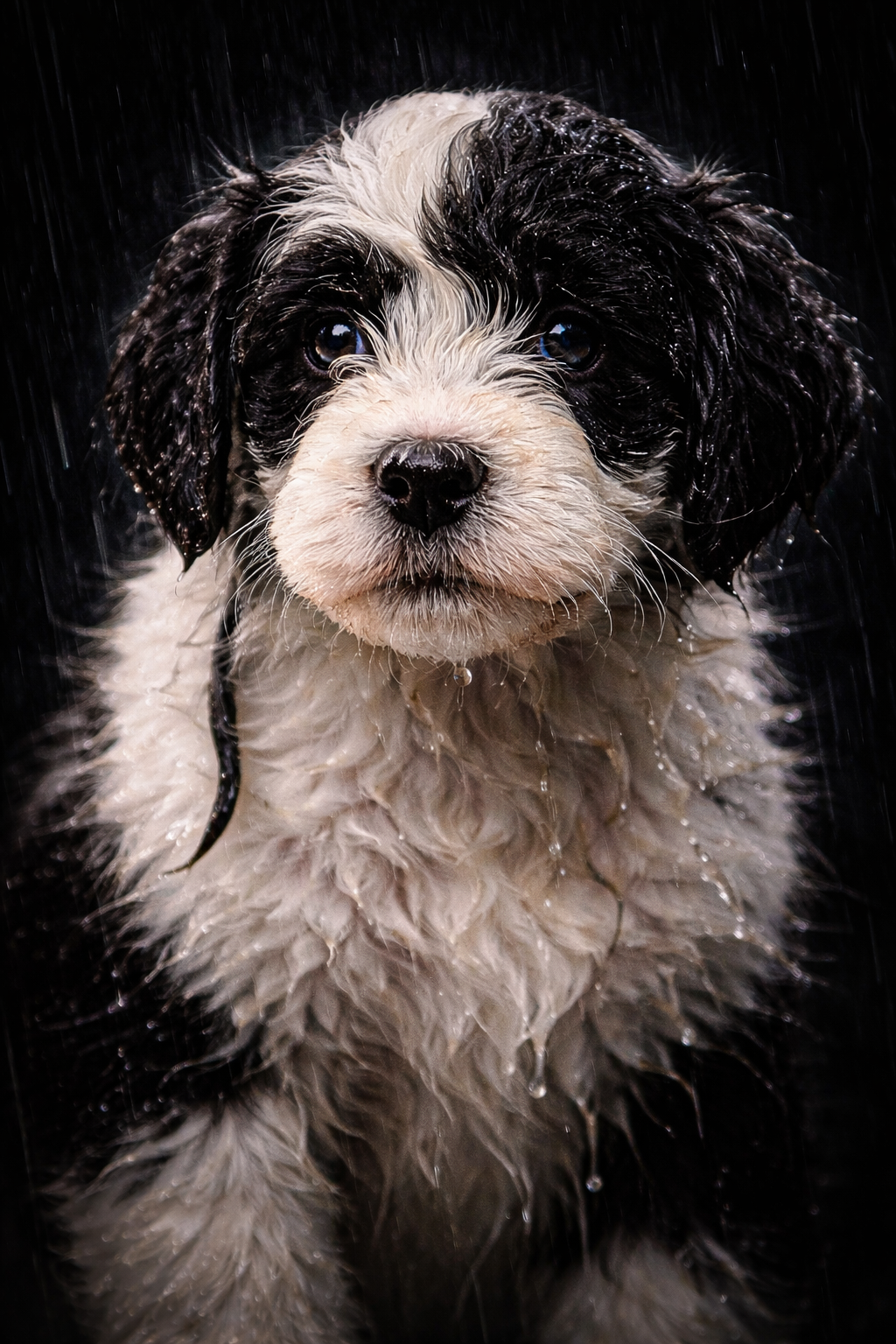 A wet, black and white puppy looking directly at the camera in the rain.