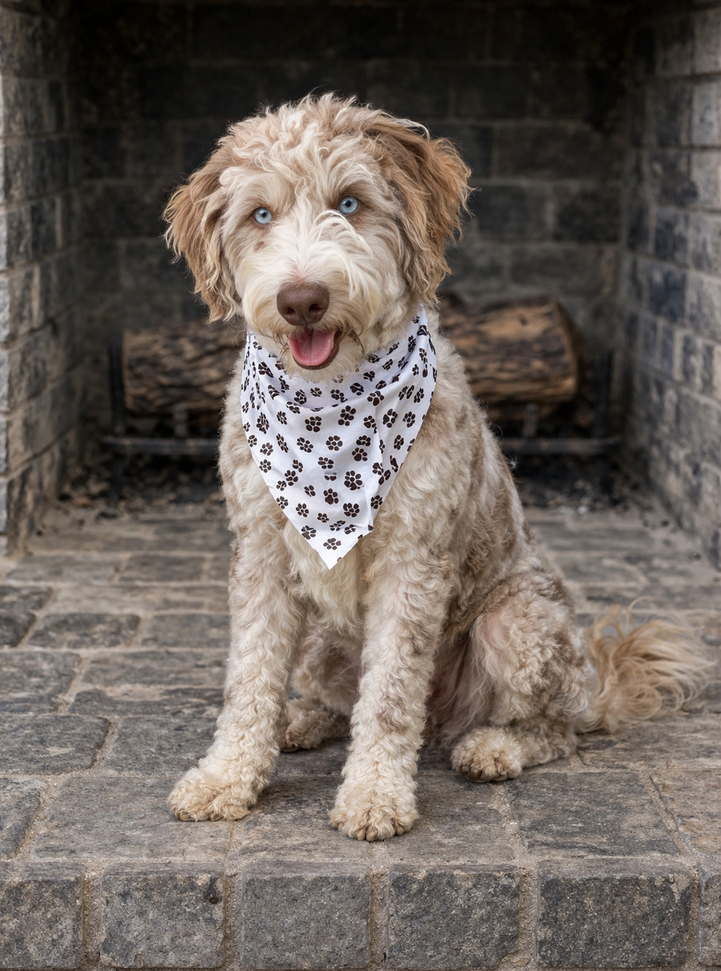 A cute, curly-haired dog with blue eyes and a white bandana with paw prints sitting in front of a brick fireplace.