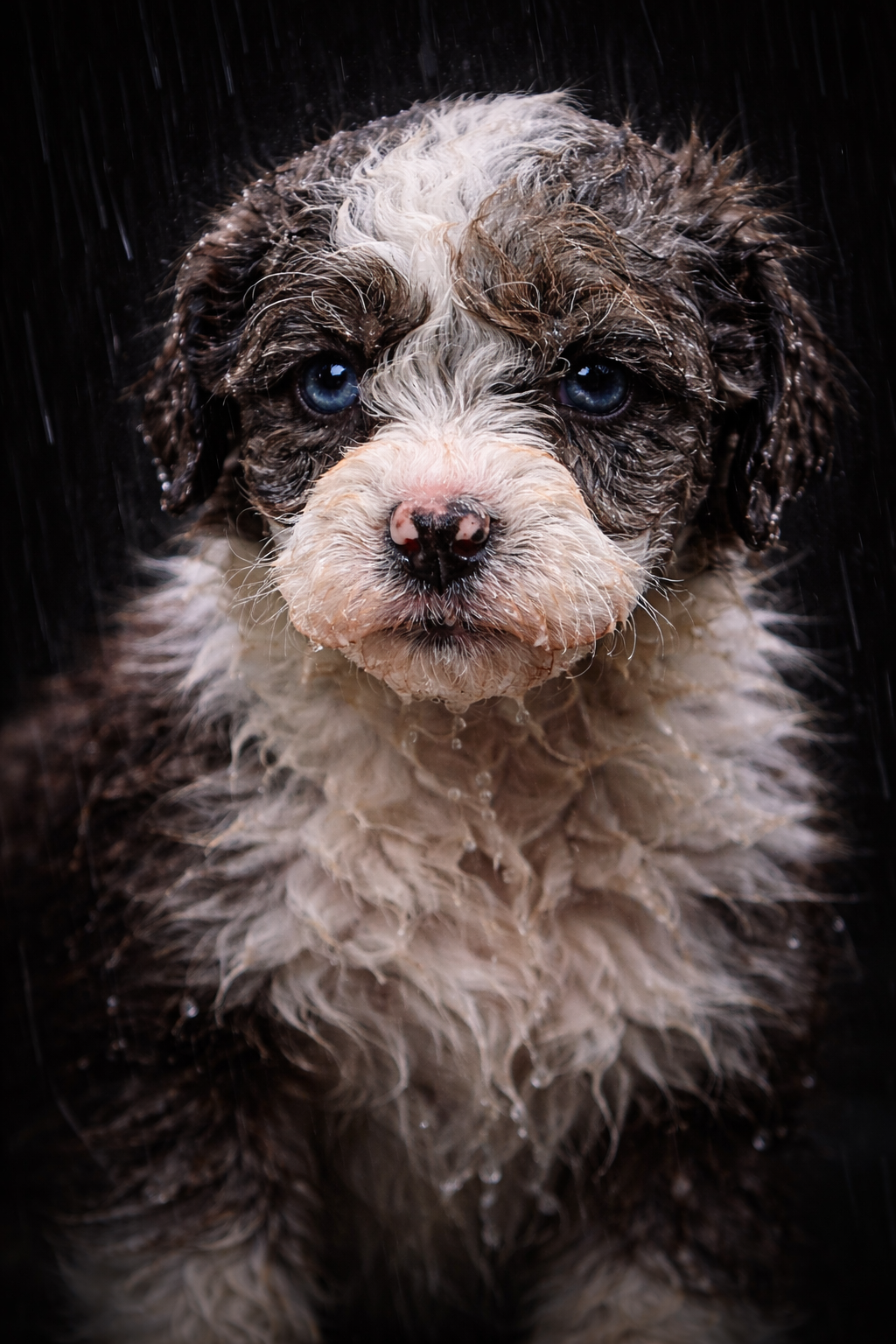 A wet Australian Shepherd puppy with blue eyes, looking directly at the camera, in the rain.