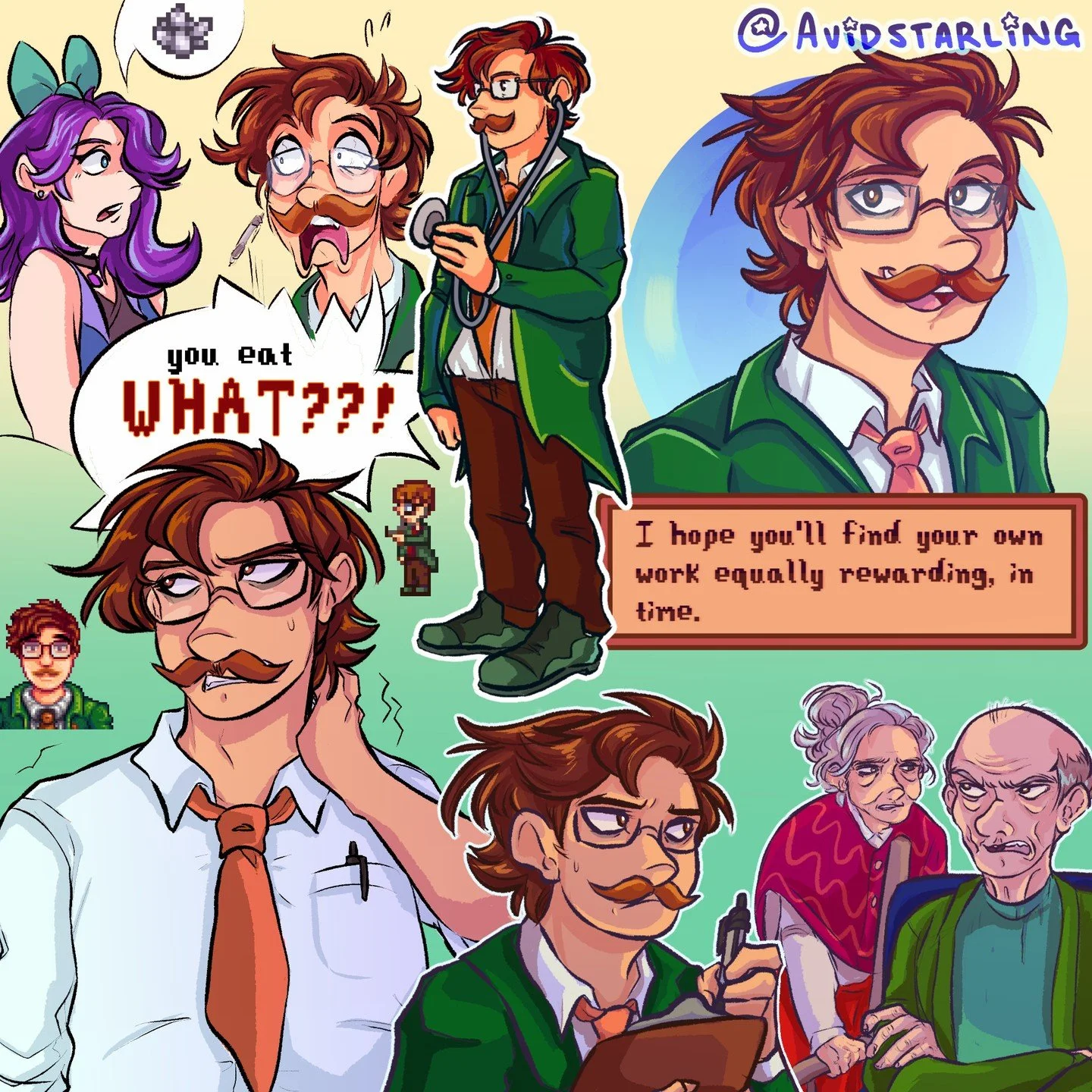 Only the best doctor in town, Harvey! Imagine having the whole town's health in your hand, couldn't be me!

Also wanted to practice drawing elder folks, which was fun! What other romanceables would yall like to see next?

#stardewvalley #stardewvalle