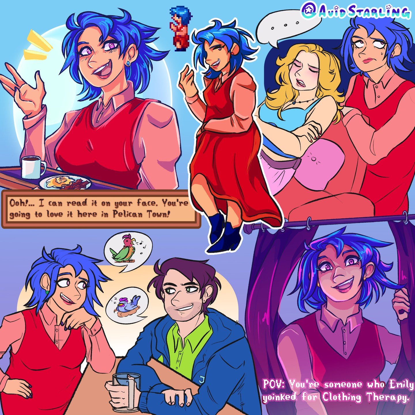 The best Bestie, Emily!! Gotta get the Gem Queen next!

I sure love Bird ppl with blue hair and Pronounces. Shoutout to her for the best 8 heart event fr-

What Baches would yall like to see next? :>

#stardewvalley #sdvemily #emilystardewvalley #
