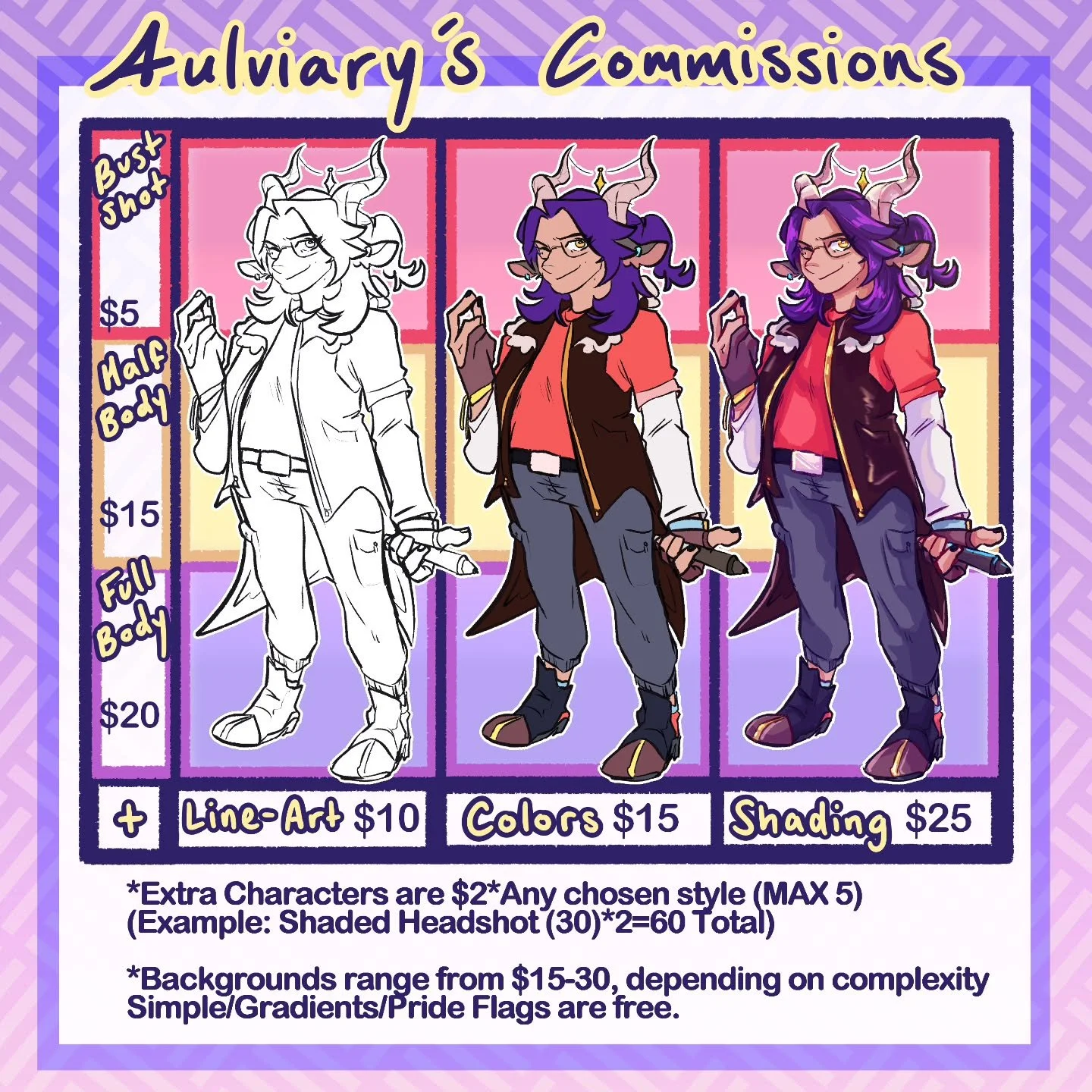 After a good while of putting it off, I can finally open commissions again! This time, I'll have this post up perpetually- Hope I can work with you!

Another announcement is that I now have a website! Feel free to let me know what yall think of it, a