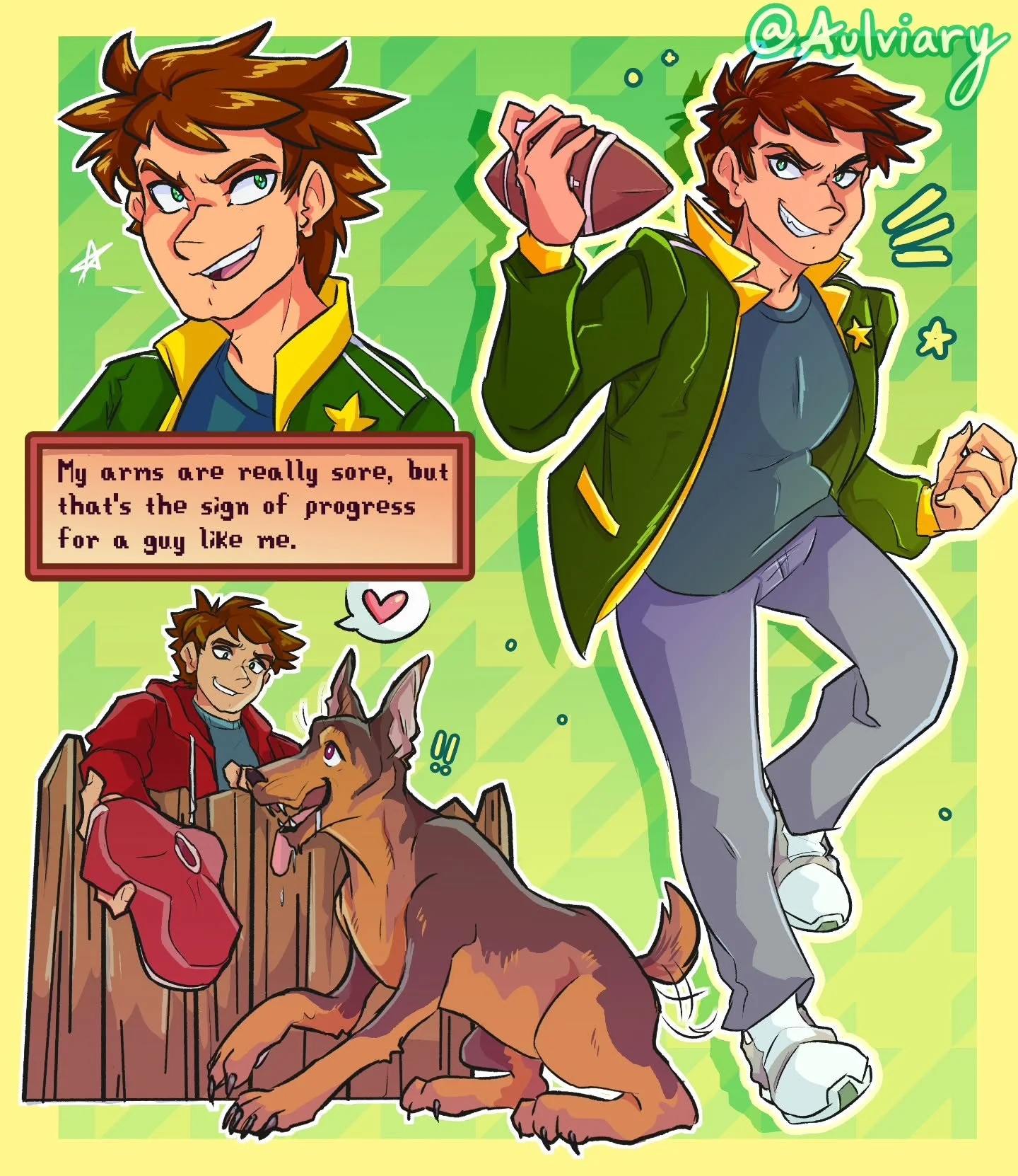 Its time for the Infamous Gridball Pro, Alex! 

Yeah he can be rather unaware, but hes still a lovable goofster. Also just wanted to draw Dusty (interpreted more like a doberman?)
Twas spring break, but alas, I must lock back in tomorrow. Ironic that