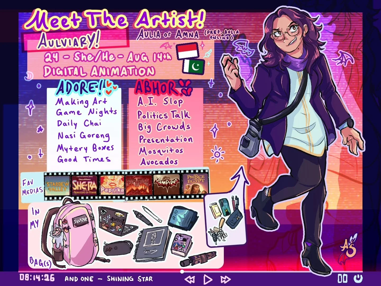Bout damn time I update my Meet the Artist! Especially with today being my Birthday!!

I have an absurd amount of stickers and pins, Ill be shocked if anyone's able to discern what some of them are- Either way, I technically made a Meet the Artist ea